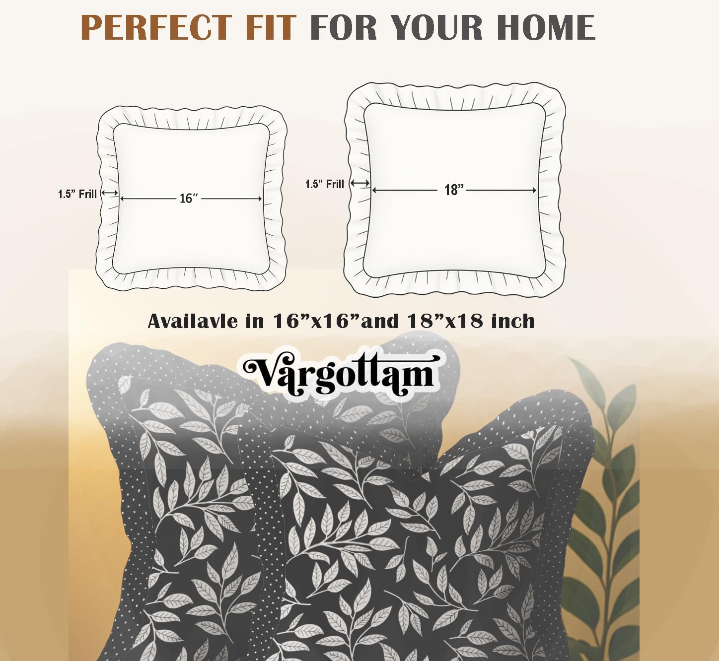Throw Pillow Covers Set of 2-100% Cotton Twill, Frilled Edge, Double Sided Print, 16 x 16 Inch Decorative Cushion Covers, Hidden Zip, No Filler - Leaves Print
