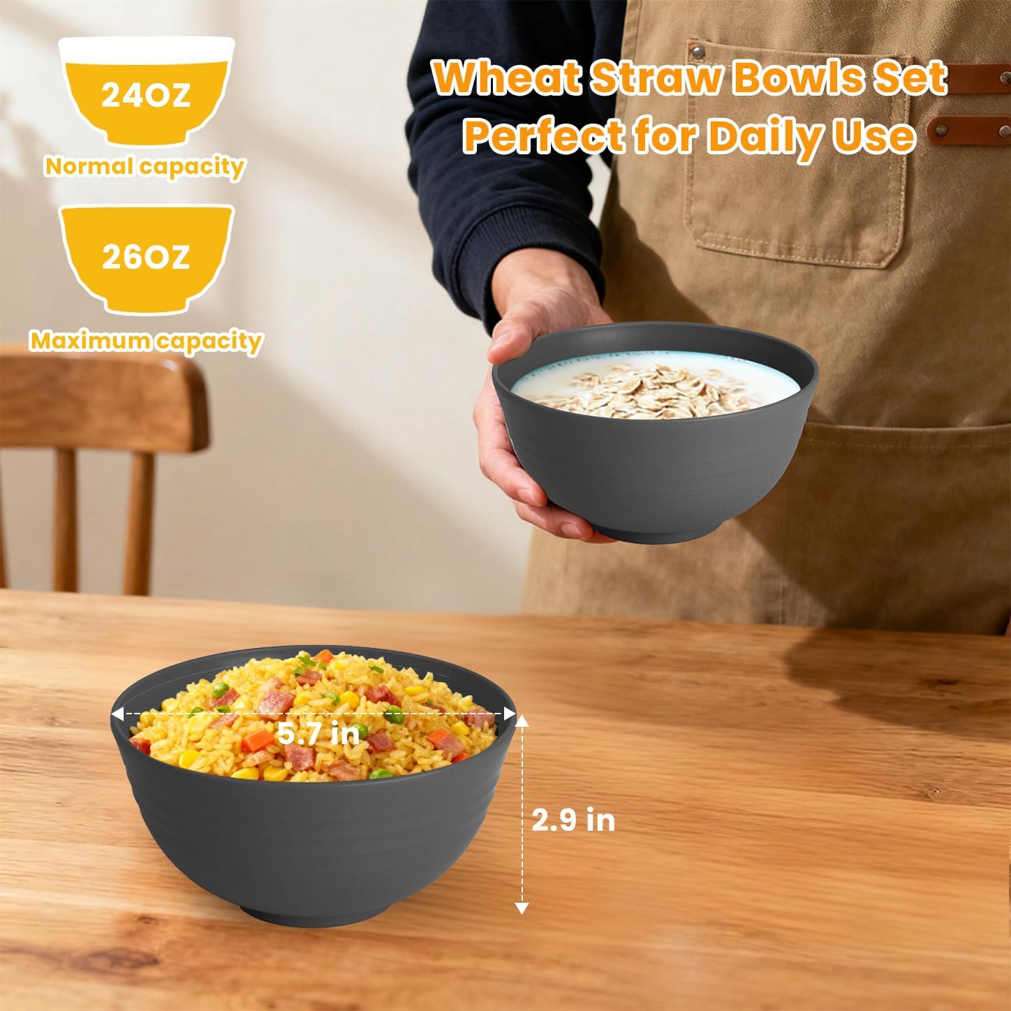 Hoimenly Wheat Straw Bowls for Kitchen, Unbreakable Cereal Bowl Set of 8, 26oz Microwave and Dishwasher Safe Bowls Set for Party, Camping, Alternatives to Plastic Bowl, Stackable Soup Bowls(Dark Grey) - Image 2