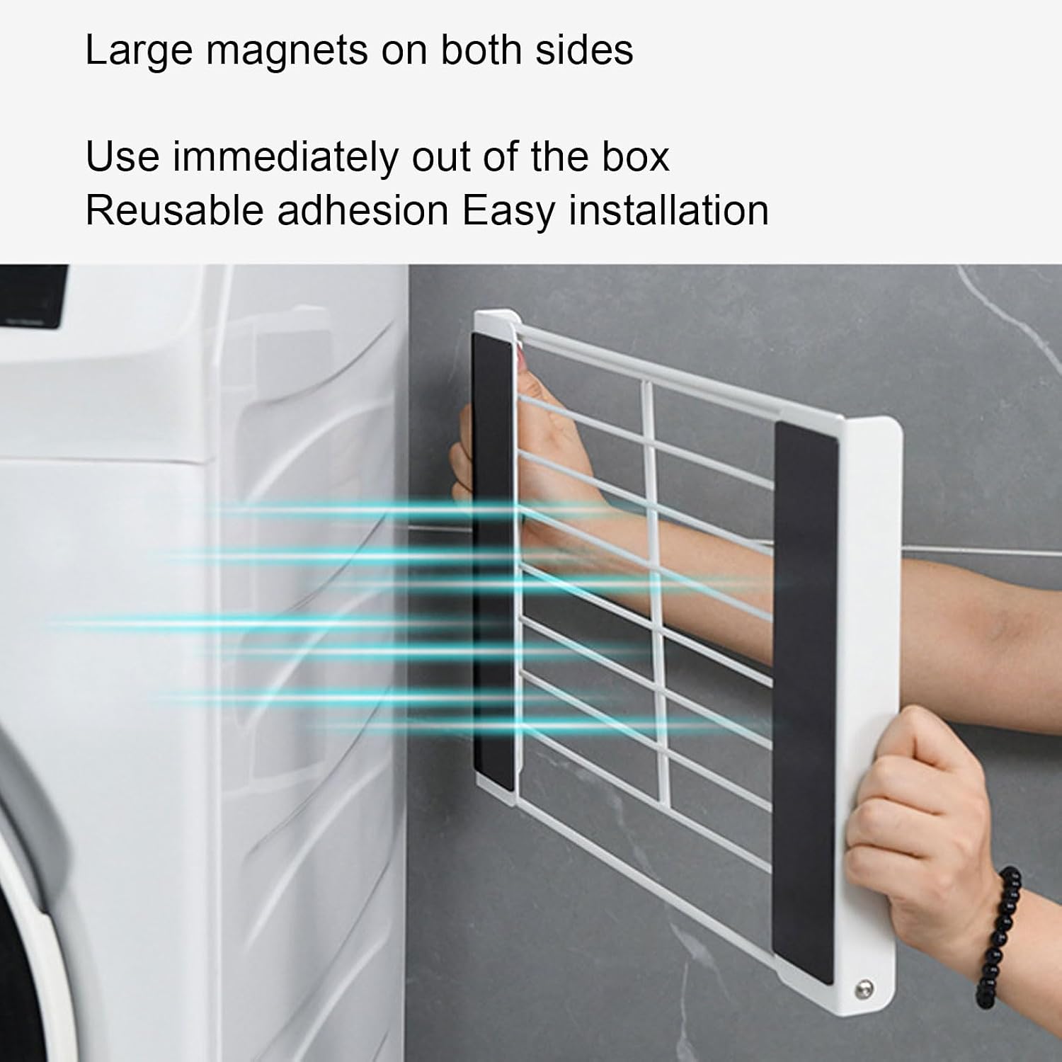 AUNMAS Magnetic Folding Clothes Drying Rack Washing Machine Side Storage Towel Shelf for Refrigerator Bathroom Kitchen with Strong Carbon Steel Adjustable Space Saving Design (White)