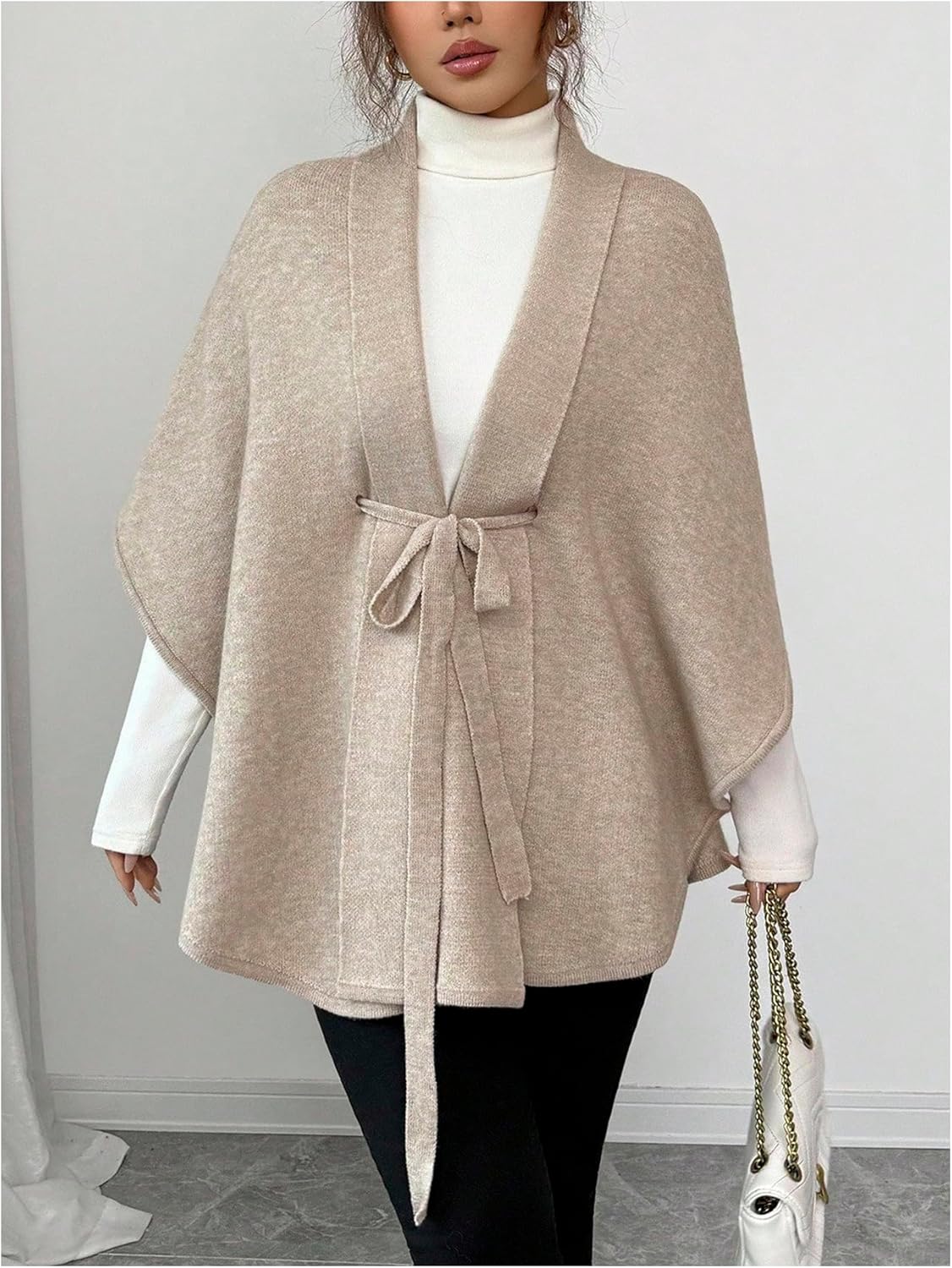 GORGLITTER Women's Elegant Poncho Tops Bow Tie Open Front Sweater Shawl Wraps Knit Fall Winter Outfits - Image 5