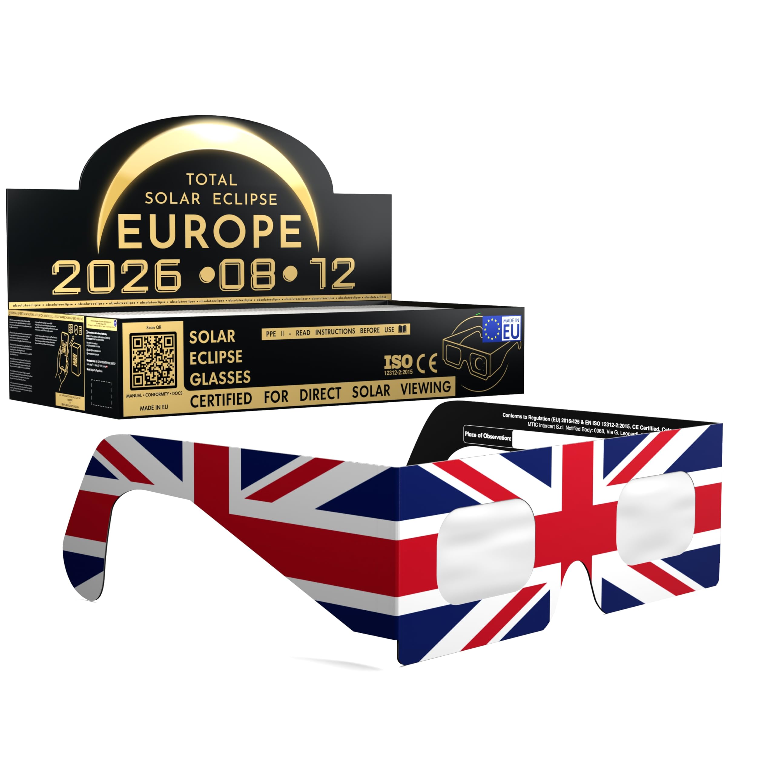 Absolute Eclipse GB Solar Eclipse Glasses Bulk Wholesale – ISO 12312-2 Tested & CE Certified – EU Manufacturer – 100-PACK Wholesale Pack – 2026 Eclipse Europe — image 1