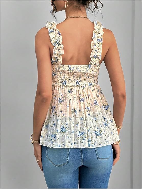 SweatyRocks Women's Maternity Tank Tops Floral Babydoll Top Square Neck Smocked Peplum Blouse Shirts