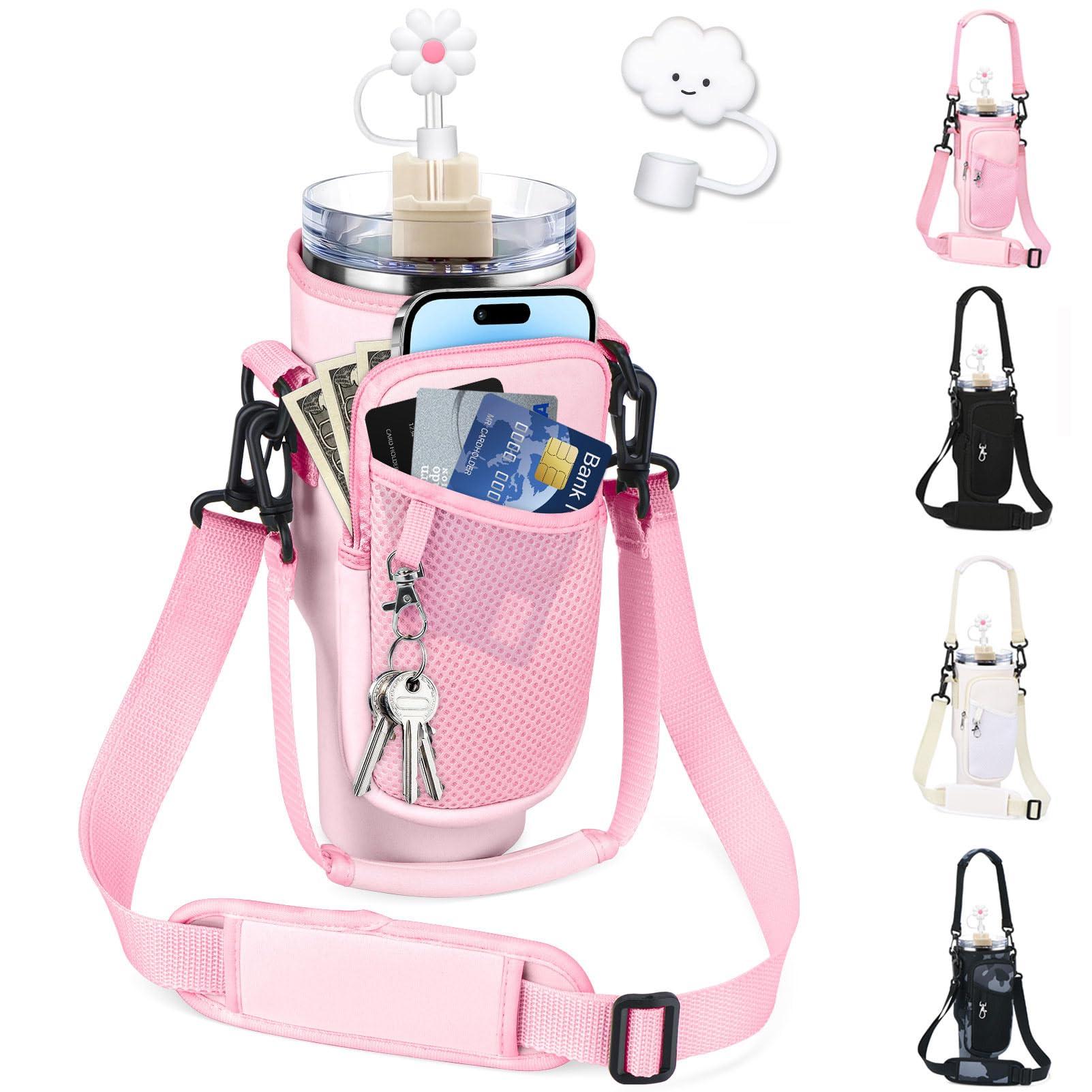 Water Bottle Carrier Bag for Stanley 40oz Tumbler with Handle,Water Bottle Holder with Adjustable Shoulder Strap and Carry Strap for Stanley Cup Accessories, 2 Straw Covers,Suitable for Traveling