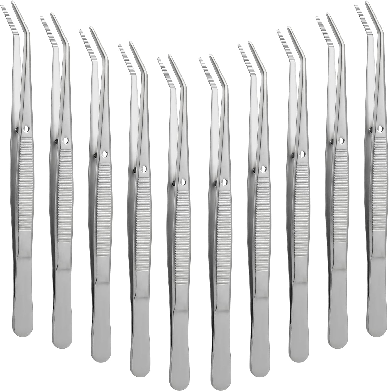 Honoson 10 Pcs Stainless Steel Tweezers for Crafting with Curved Serrated Tip Multipurpose Forceps Sewing Machine Tweezers Bulk (Silver)
