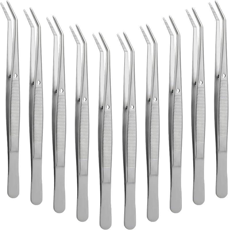 Honoson 10 pinzas de acero inoxidable para manualidades con punta curvada dentada multiusos pinzas para máquina de coser a granel (plata)