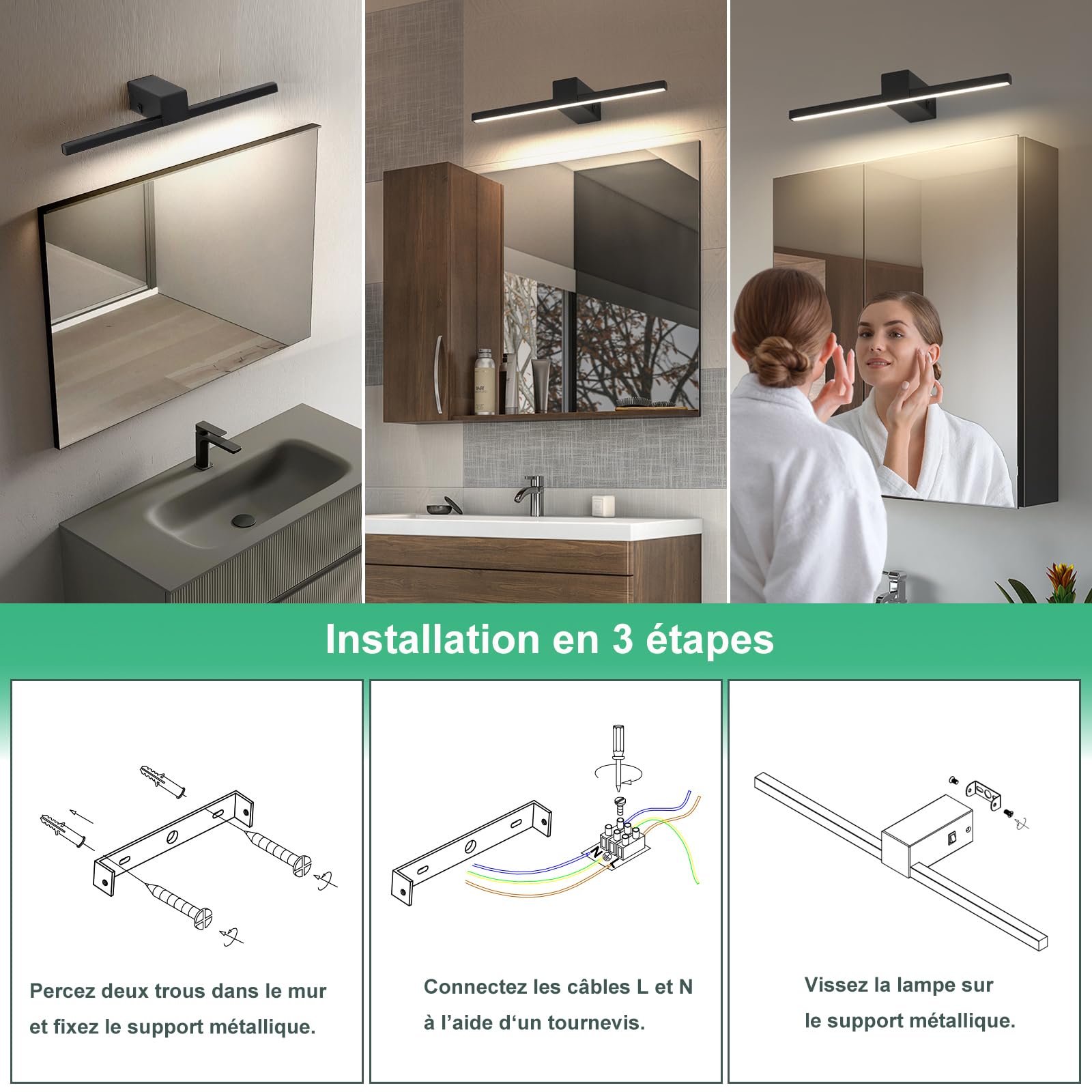 LED Lampes Miroir Salle de Bain 40CM 960LM 12W, Neutre 4000K Applique Murale, Lumière Miroir Moderne IP20 Étanche (Noir)