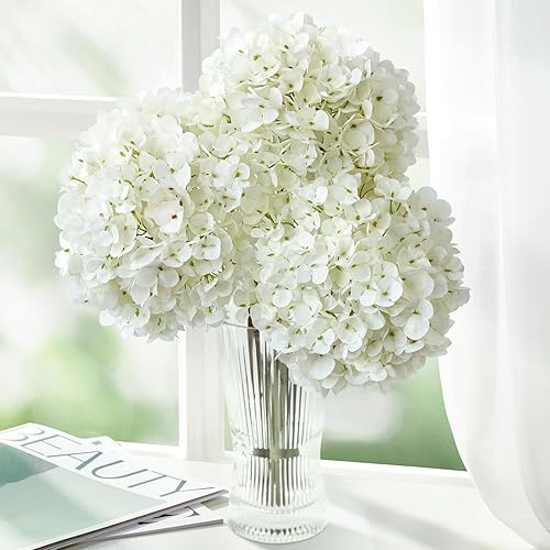 3PCS White Hydrangea Artificial Flowers 25.6" Large Fake Hydrangeas Flowers