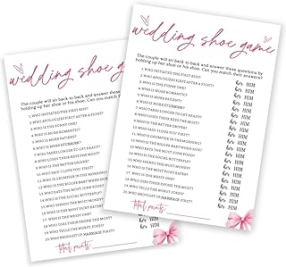 Wedding Shower Games Cards, Wedding Shoe Game, Bridal Shower Games 25 Guests, Engagement Party Wedding Games for Guests, Pink Ribbon Bow Wedding Party Supplies - E04