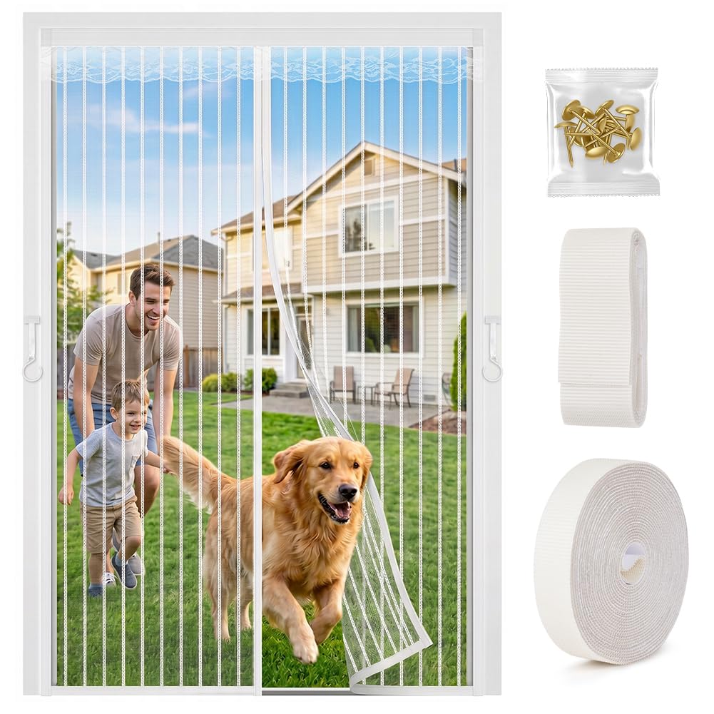 AUAUY Magnetic Fly Screen Door, White Striped 120x200cm