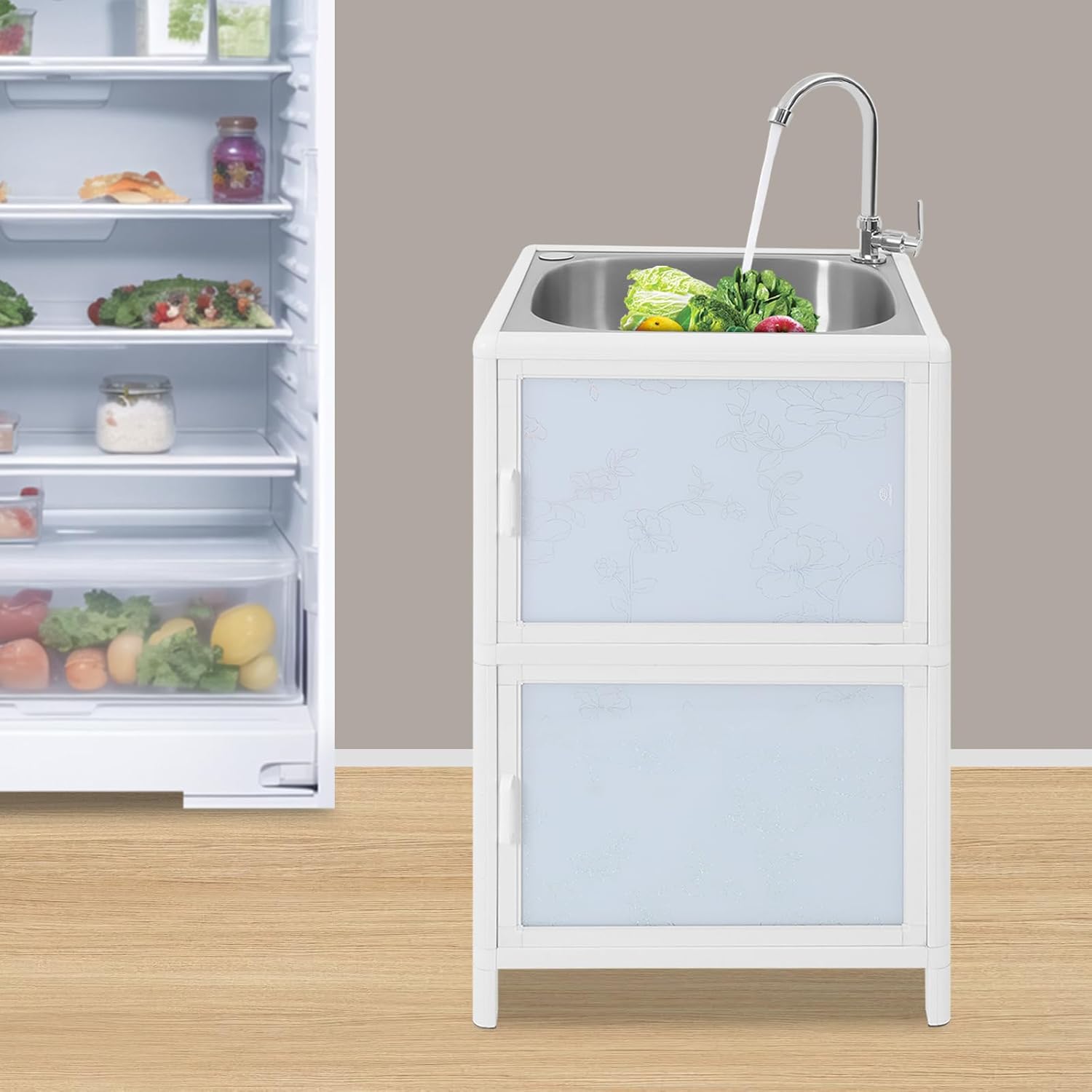 18in Kitchen Sink with Cabinet, Stainless Steel Single Bowl Utility Sinks with Faucet Accessories, Small Freestanding Sink Storage Combo for Laundry&Utility Room, Kitchen, Bathroom