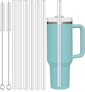 Reusable Straws for Stanley & Yeti 40oz/30oz Cup Tumbler, PROOCI 6-Pack 12" Long Plastic Straws with 2 Cleaning Brush, Clear Bend Replacement Straw for Drinking Smoothie, Milkshake | Food Grade Tritan