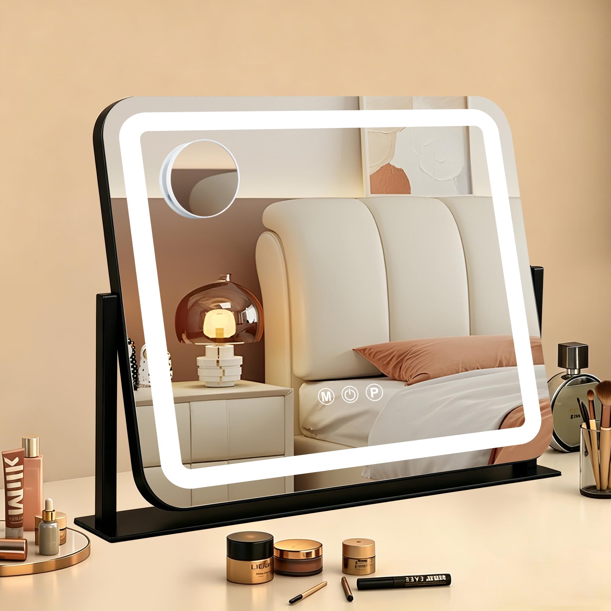 Ratsamee Vanity Mirror with Lights, 54 x 42 CM Led Makeup Mirror with 3 Color Dimmable Lights, Smart Touch Screen Control, USB Charging Port, Black — image 1