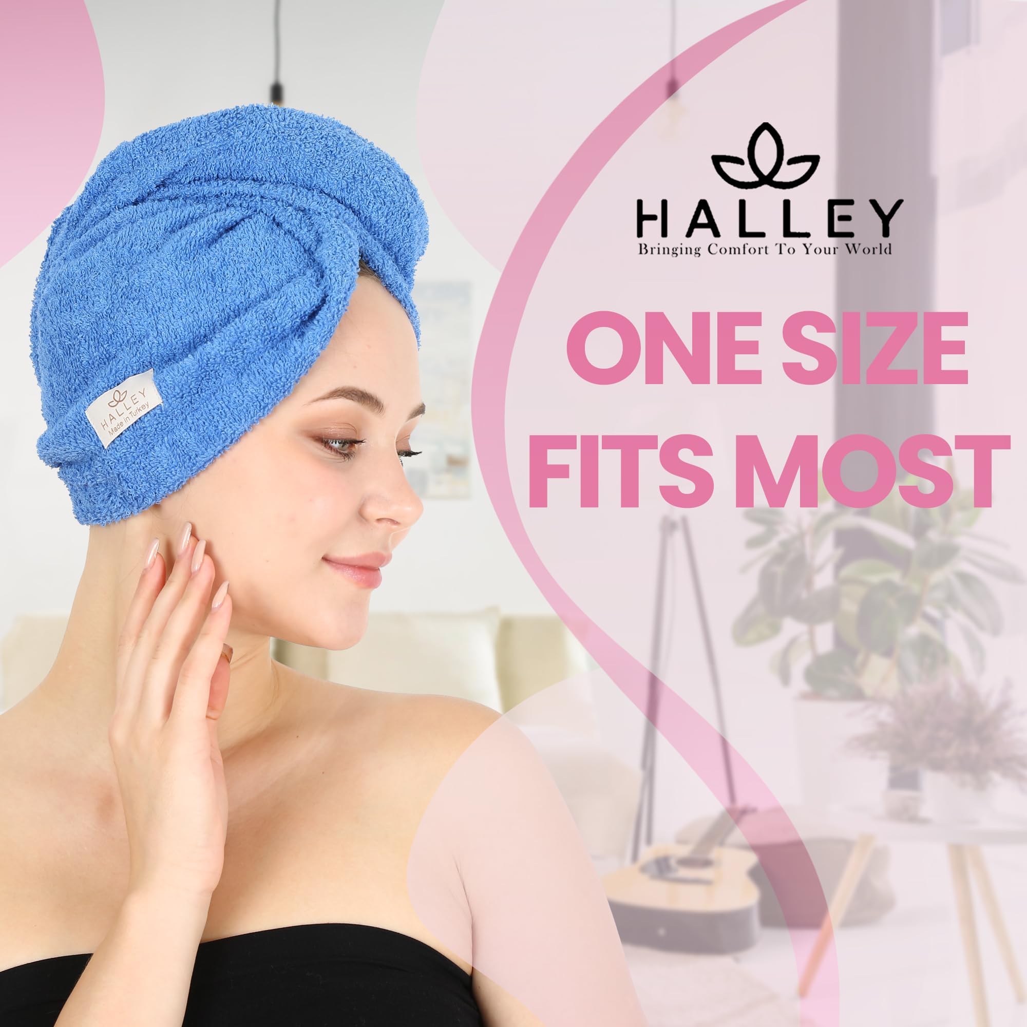 HALLEY Toalla de algodón para el cabello, 3 paquetes, súper absorbente, antiencrespamiento, de secado rápido, para cabello rizado, largo y grueso, turbantes para cabello húmedo con botón, toalla para
