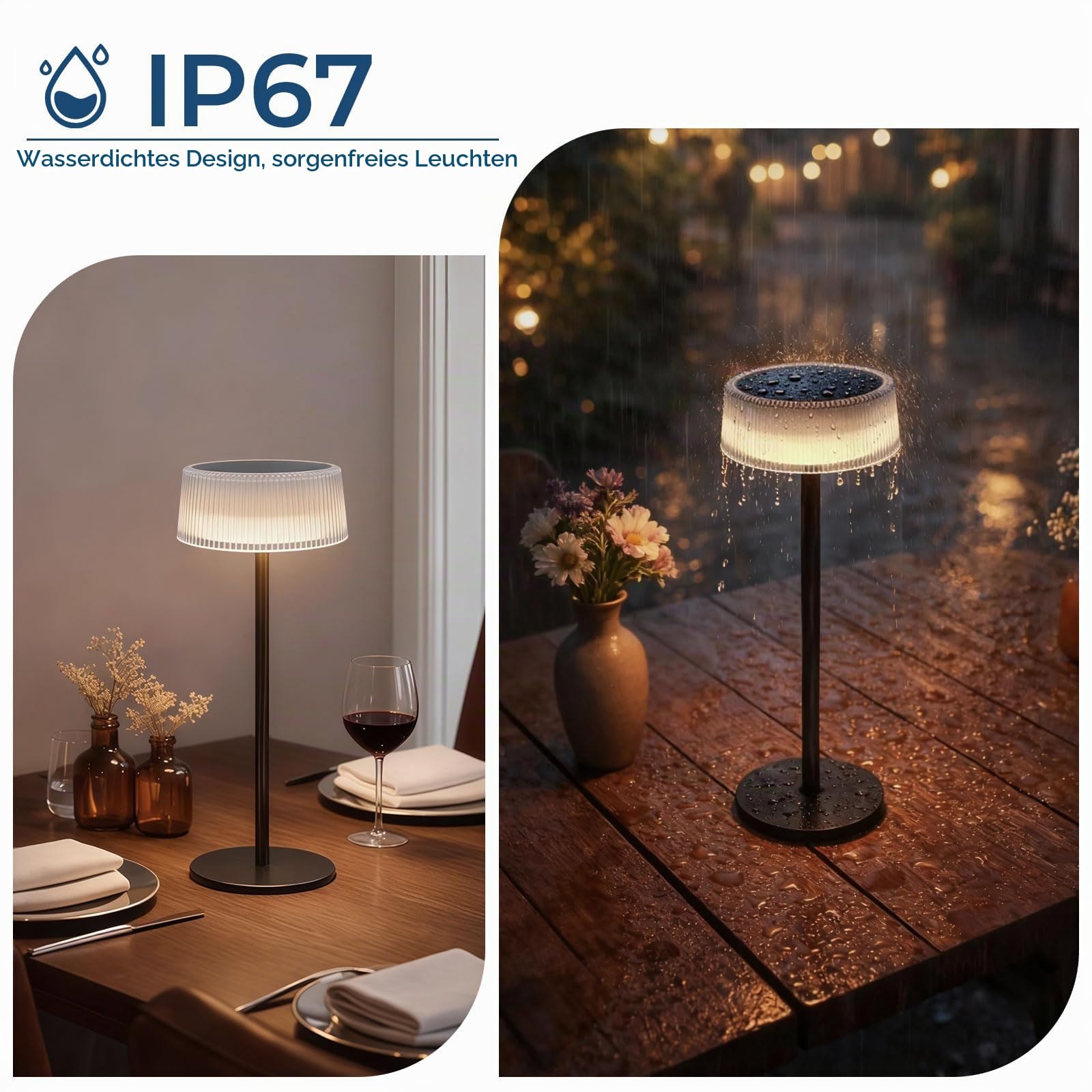 2er-Pack Akku Tischleuchte, 3CCT Dimmbar Solar Tischlampe Kabellos | Alinana IP67 LED Touch Lampe mit Solar- und Type-C Aufladung für Schlafzimmer und Garten