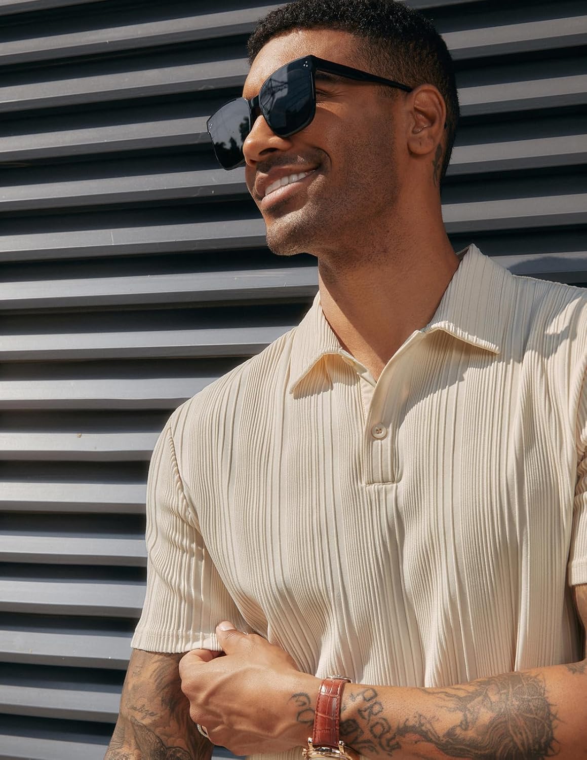 PJ PAUL JONES Mens Textured Knit Polo Shirts Regular Fit Stretchy Golf Shirts - Image 3