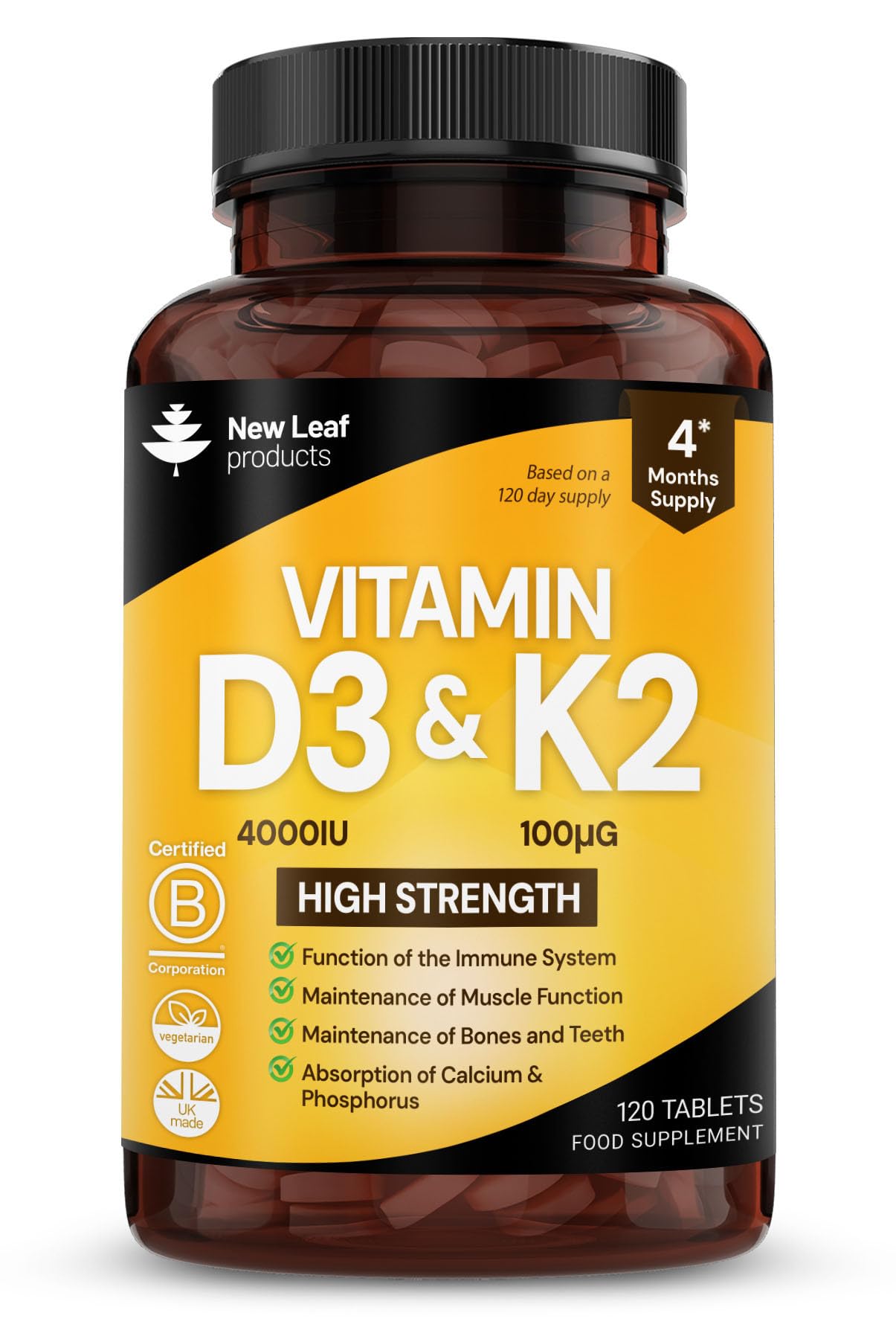 Vitamin D3 K2 - Vitamin D3 4000iu & Vitamin K2 100ug (MK7) 4 Months Supply, Supports Immunity, Calcium Absorption and Bone Health, Non-GMO, UK Made by New Leaf 120 Micro Small Vegetarian Tablets,