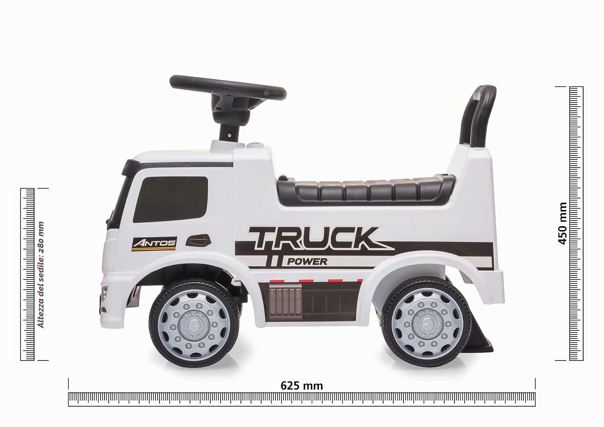 Jamara 460657 - Push-Car Mercedes-Benz Antos Bianco – Protezione Antiribaltamento, Luci LED, Spazio sotto il Sedile, Sirena, Clacson