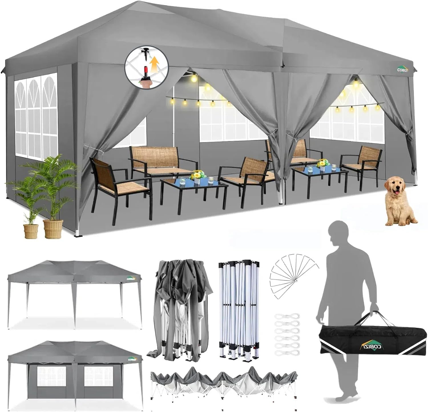 COBIZI Tonnelle Pliante 3 x 6 m étanche et Stable - Tente de réception d'extérieur 3 x 6 m avec 6 parois latérales - Anti-UV - pour Mariage, extérieur, Jardin, fête, marché (Gris)