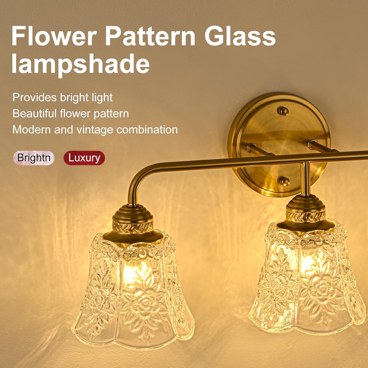 YUNICE Vintage Vanity Light Gold Bathroom Light Fixtures Antique Vanity Light Fixtures Brass Light Fixture Brushed Gold Light Fixture Bathroom with White Glass Flower Shade