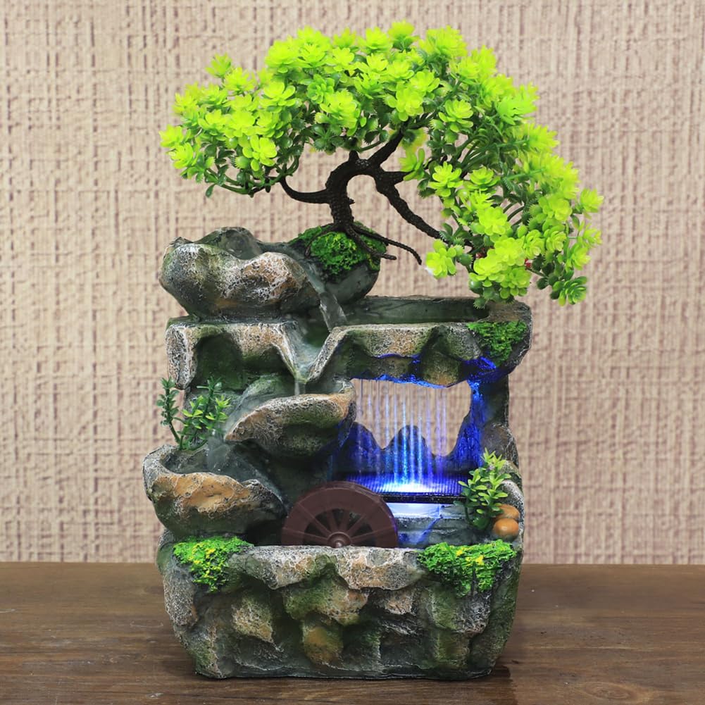 Fuentes de mesa para interiores, cascada de mesa con luces, pequeña fuente de agua de rocalla artificial para decoración de mesa (USB)