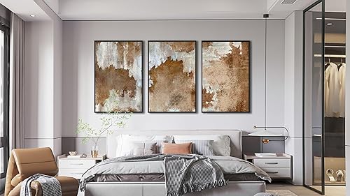 Miniatura 3 de Arte de pared abstracto con marco grande – Cuadros de lienzo enmarcados naturales para sala de estar, impresiones modernas de lienzo retro marrón