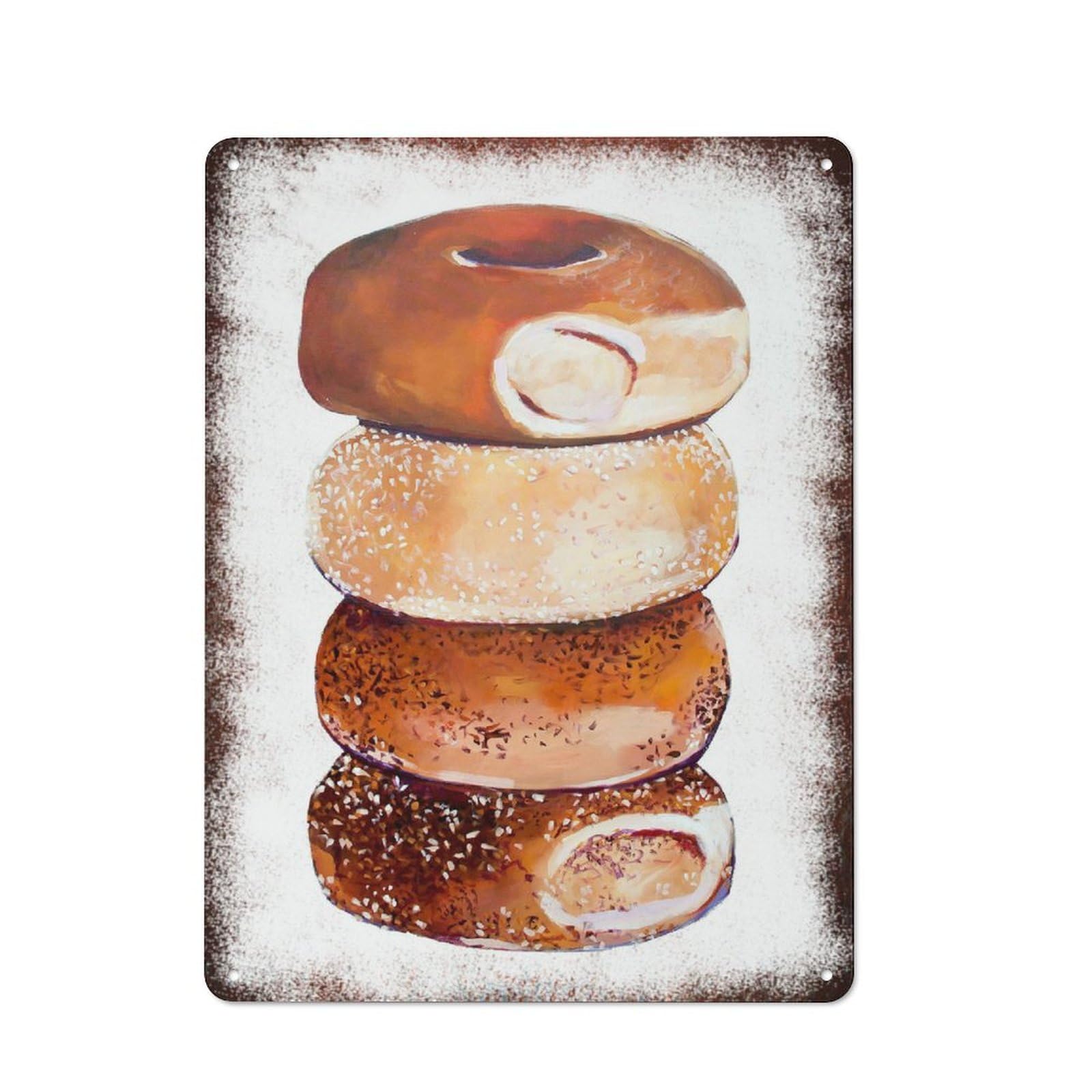 peiyeety Metal Tin Sign Stacked Bagel Watercolor Pattern Vintage Rustic Wall Art Kitchen Bathroom Bedroom Living Room Cafe Farmhouse Entryway Office Garage Home Bar Laundry Room Porch Patio 6x8 Inch