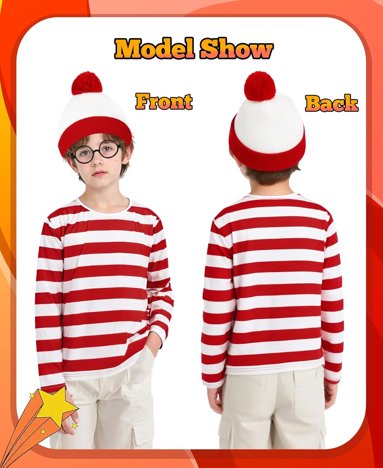 Red & White Striped Long Sleeve Shirt 3Pcs Set Classic Striped Top with Hat Glasses Funny Halloween Cosplay Outfit - Image 5