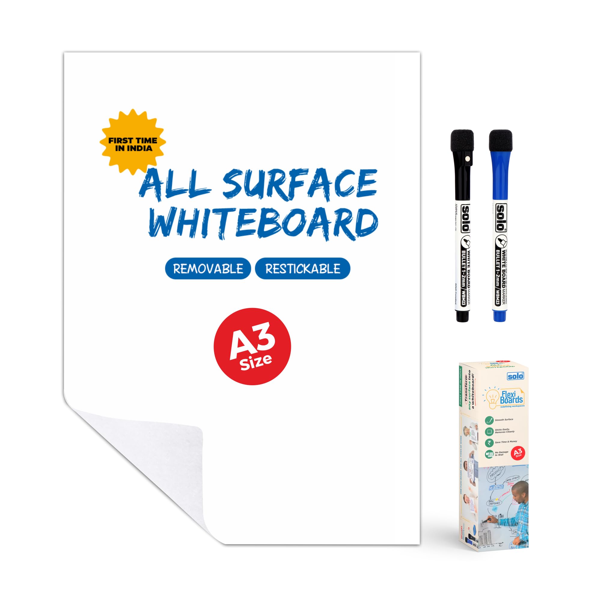 SOLO Flexiboard All Surface Whiteboard, 1st in India, A3 Size, 2 Markers & Duster, 10'S of Times Re-Stickable with No Damage to Surface, Self-Adhesive Message/Writing Whiteboard for Office & College
