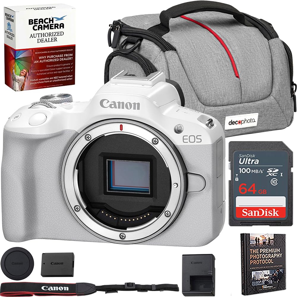 Canon EOS R50 Mirrorless Camera Body Only (White) 5812C002 Bundle with Sandisk 64GB Memory Card, Deco Essentials Camera Bag and Premium Photography Protocol Ebook Digital Download Guide