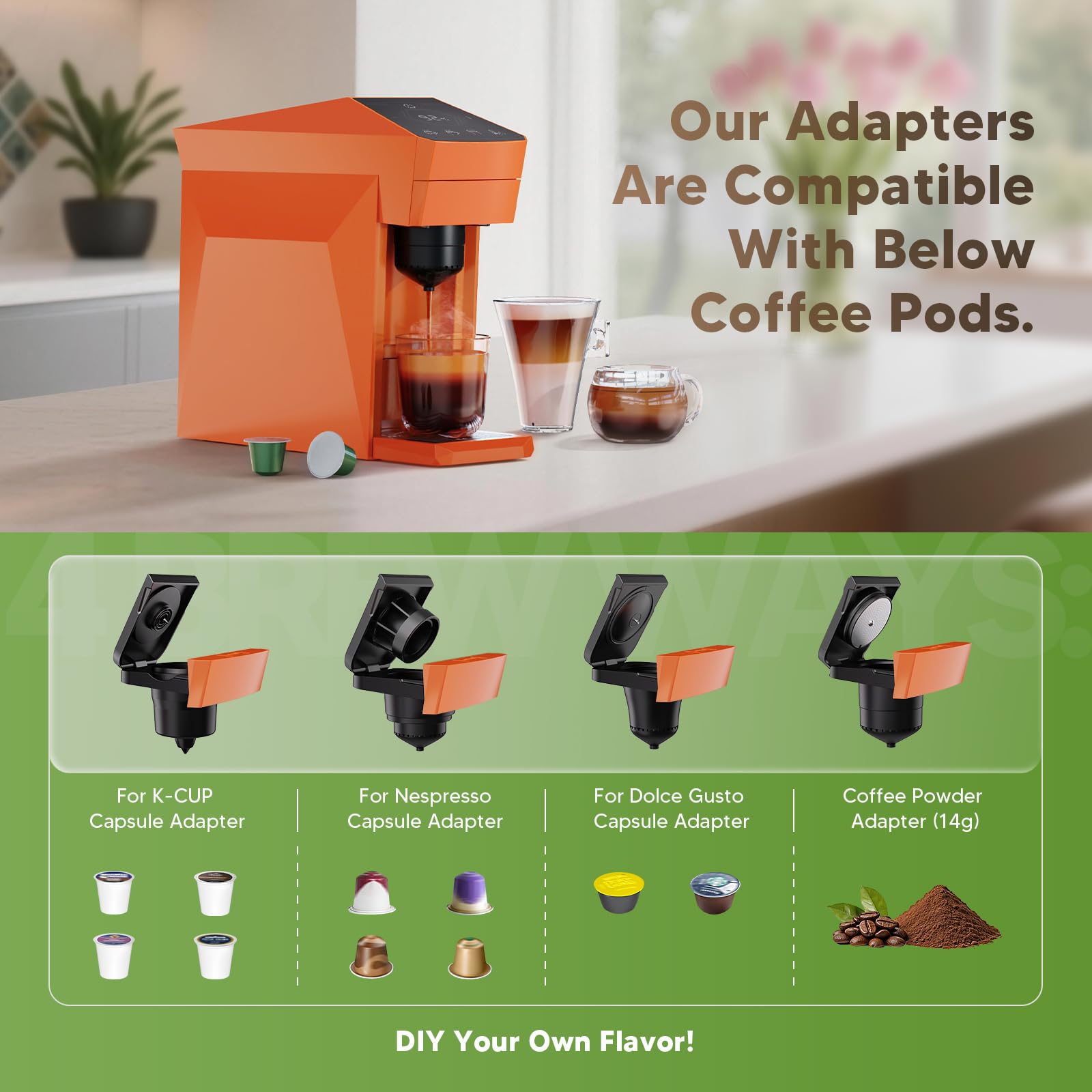 Máquina de café 4 en 1 desechable, 19 bar para cápsulas KCup Capsules/Nespresso OriginalLine/Dolce Gusto/Ground Coffee, naranja vibrante