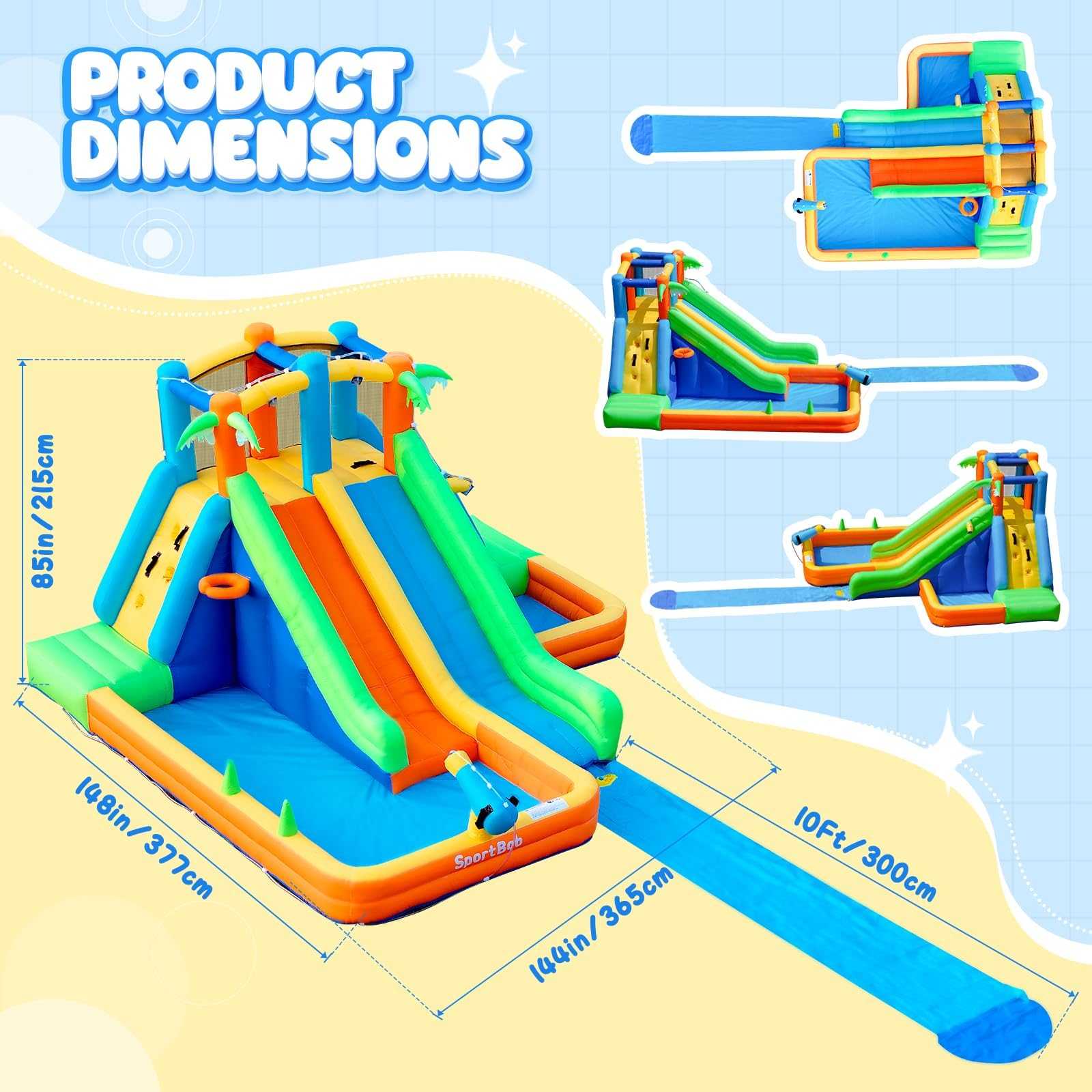 Hüpfburg Kinder mit Wasserrutsche und Gebläse, Hüpfburg mit Verlängerter Spritzender Wasserrutsche, Wasserpark Kinder mit 2 Wasserbecken und Wasserkanone für Indoor, Outdoor