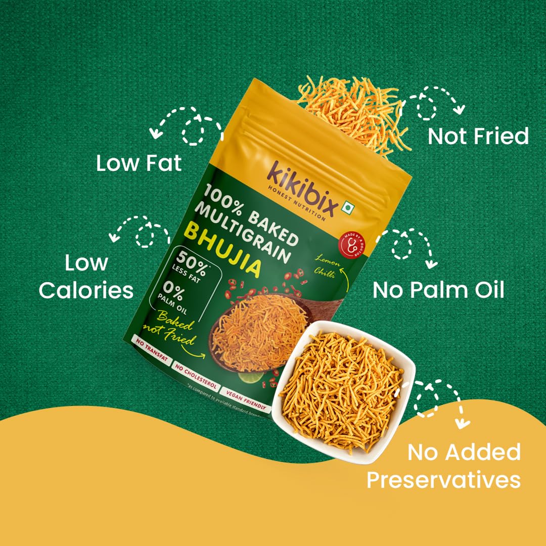 Kikibix Baked Chatpata Bhujia Healthy Snacks & Namkeen for diabetics, Low Fat, Low Calories, High Protein Bhujiya Diet Mixture- lemon Chilli Flavor No Palm Oil, Baked Not Fried (Pack of 2) - Image 3 thumbnail