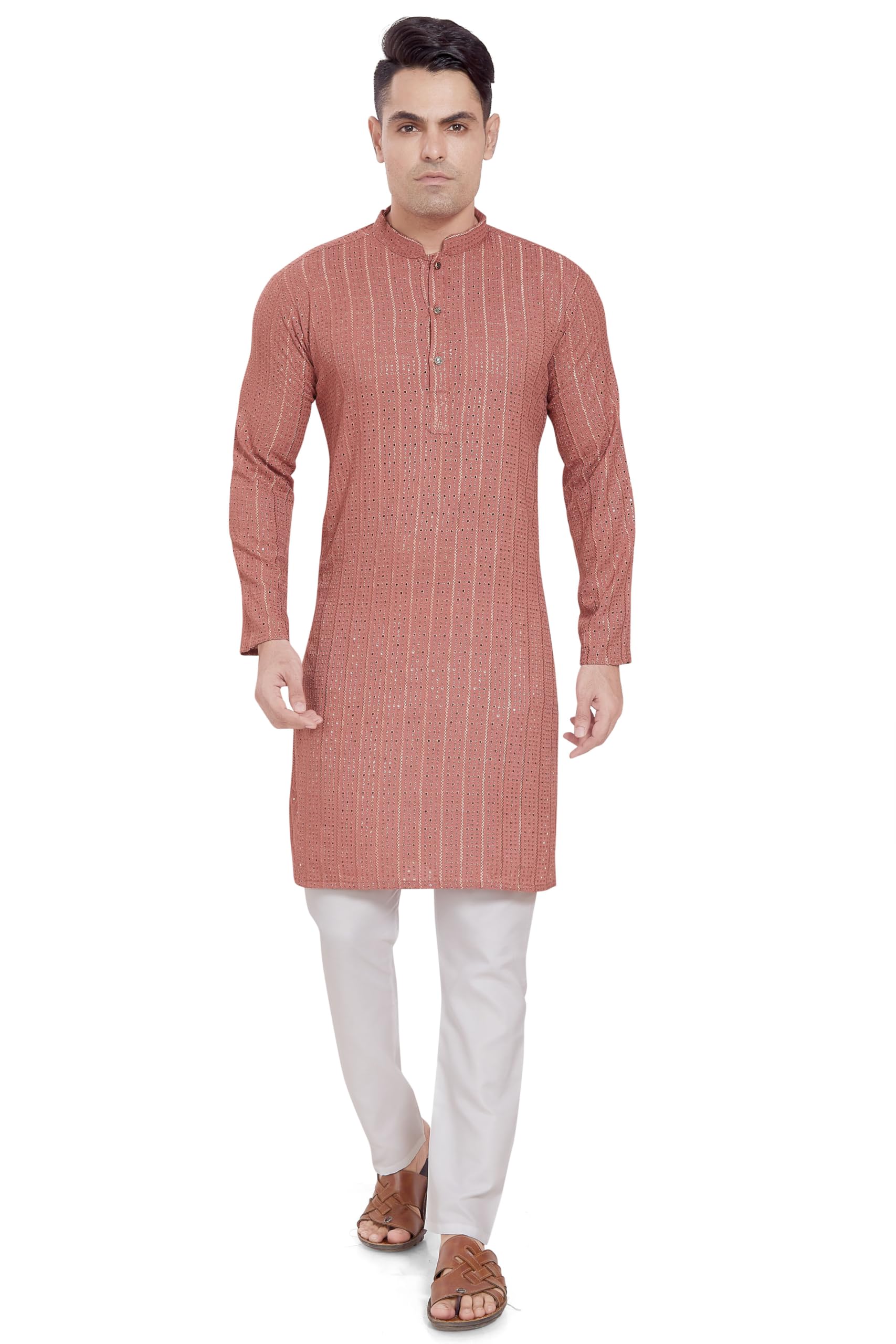 Divisive Men's Embroidered Cotton Blend Only Slim Fit Kurta (Dkrt380_Xl_Peach)