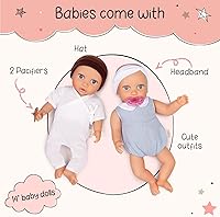 Vista 4 de LullaBaby Muñecas gemelas realistas de 14 pulgadas - Tonos de piel claros y ojos azules - Cuerpos suaves y trajes extraíbles - Sombrero, diadema