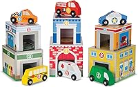 Melissa & Doug Nesting Sorting Blocks with 6 Wooden Vehicles & Buildings - Educational Toddler Stacking Toy, FSC Certified