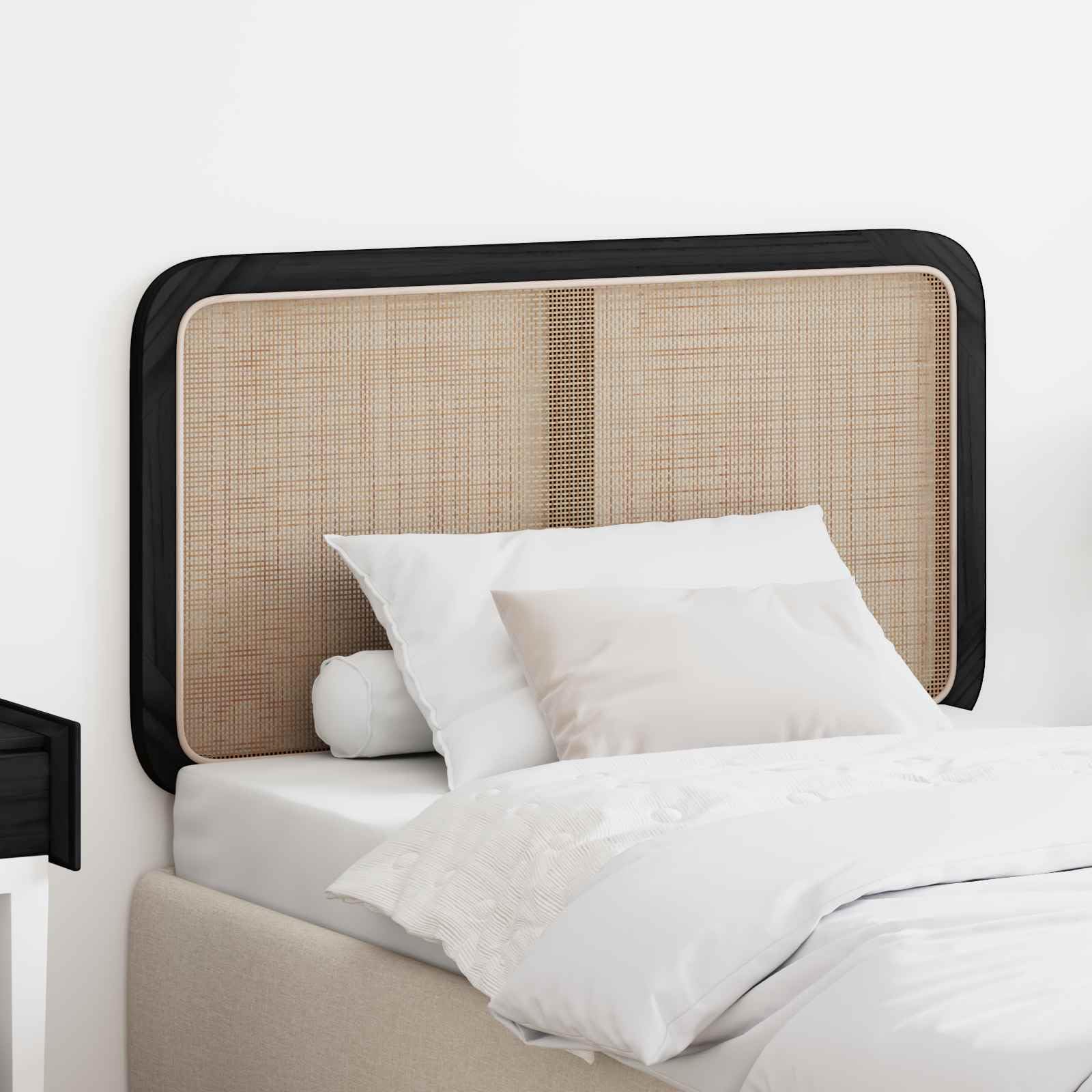 Cabecero negro 100 x 55 x 3 cm de pino y ratán – cabecero de cama atemporal para cama individual – Panel de pared moderno de madera maciza y mimbre de ratán para el dormitorio