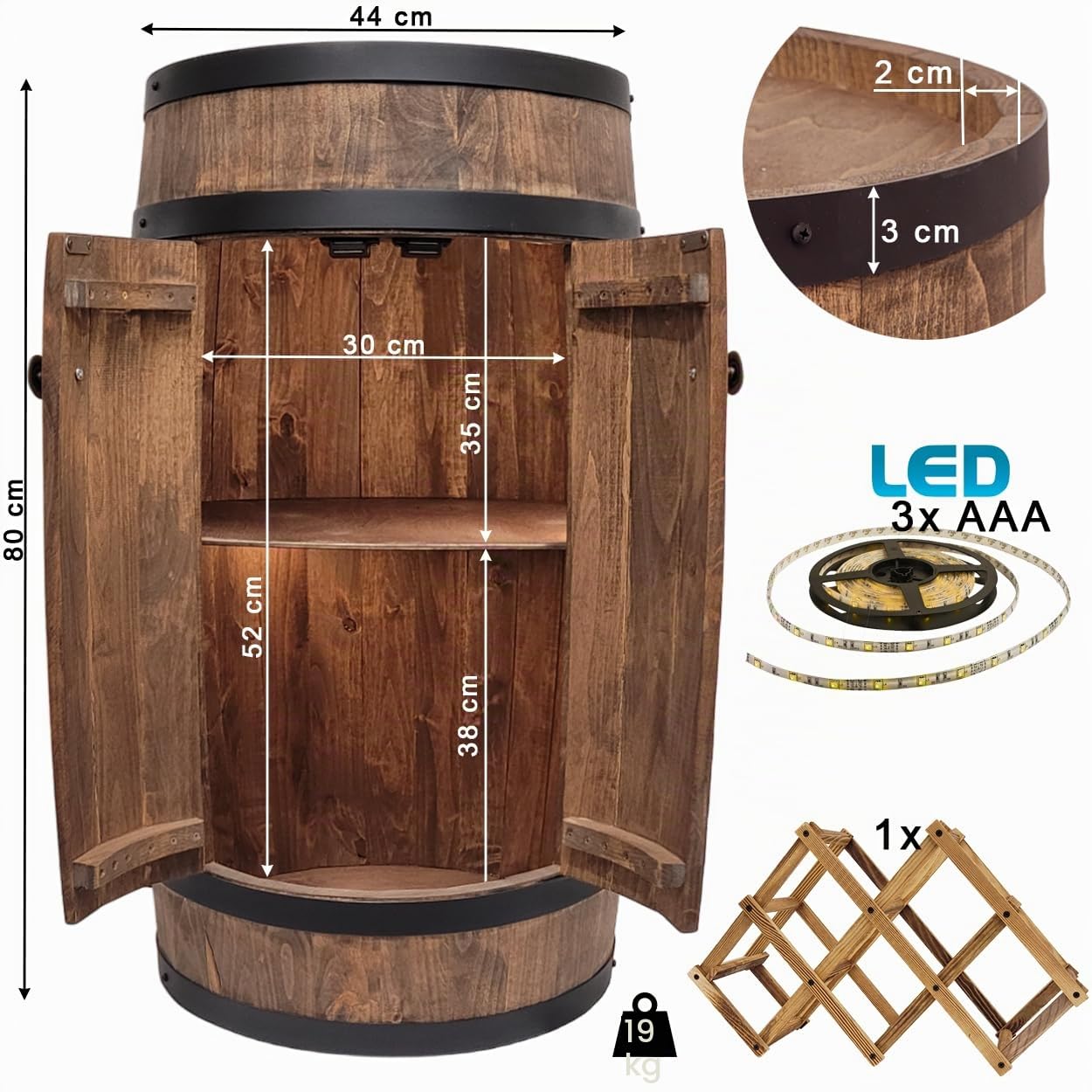 WEECO Barile In Legno con porta e portabottiglie LED, Portabottiglie per vino, Decorazione rustica per bar, portabottiglie, Botte per Vino, Scaffale Botte legno, Barile rum Birra 80x50cm (wengé scuro)