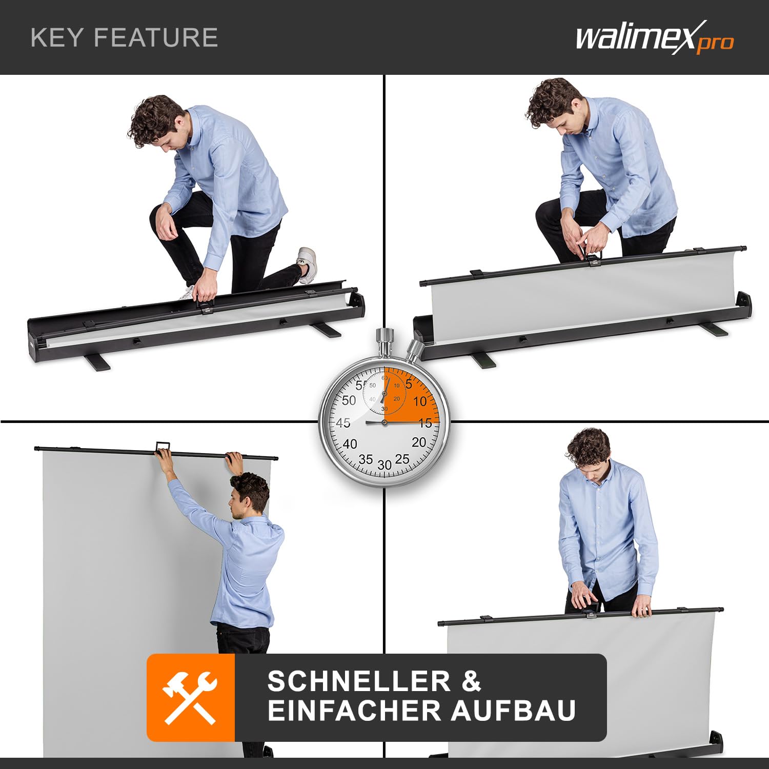 Walimex pro Roll-up Panel Hintergrund grau 155 x 200 cm, Fotohintergrund mit Transportbox, Hintergrundsystem für Fotostudio, knitterfreie Fotoleinwand ideal für Portraits und dezente Lichtakzente