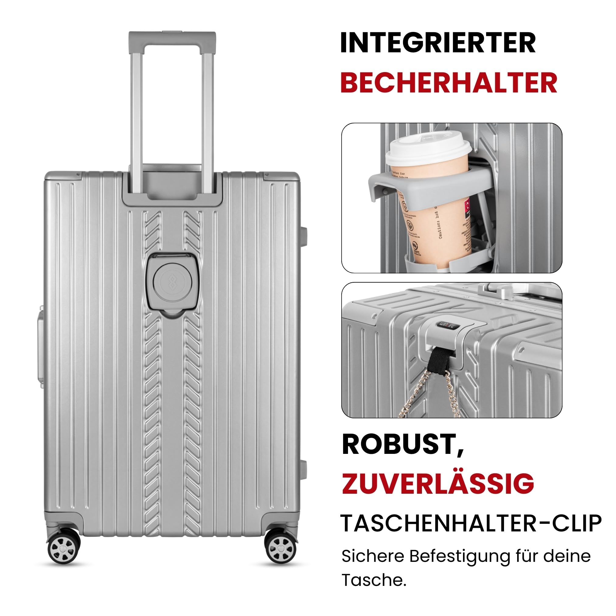 WINLIFE 3in1 M+L+XL Handgepäck(53cm) + Checkin-Trolley(65cm) + XL Koffer(75cm) Reisekoffer Set mit Alu-Rahmen, ABS & TSA Nummern-Schloss | Silber