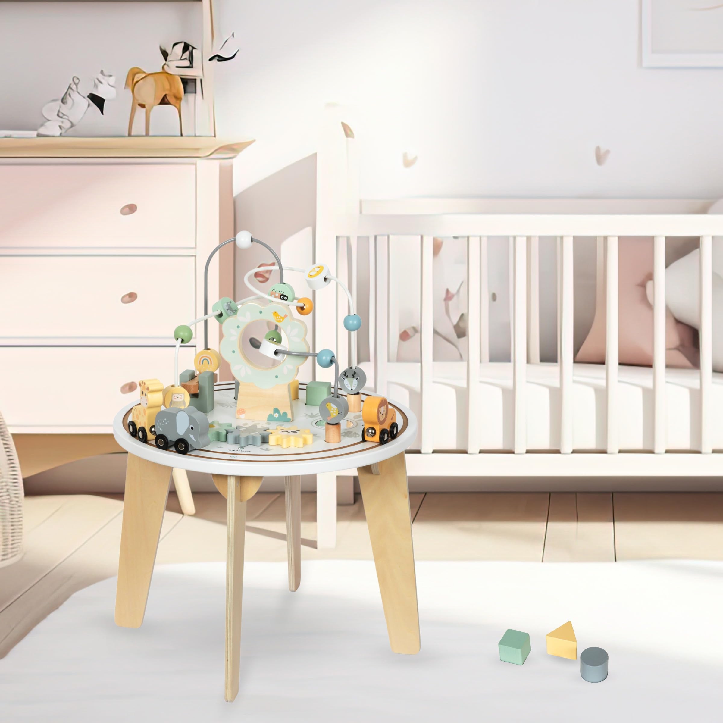 mamabrum Tavolino Educativo in Legno per Bambini con Coda Magnetica, Lanciatore di Perline, Selezionatore di Forme, Animali e Specchio
