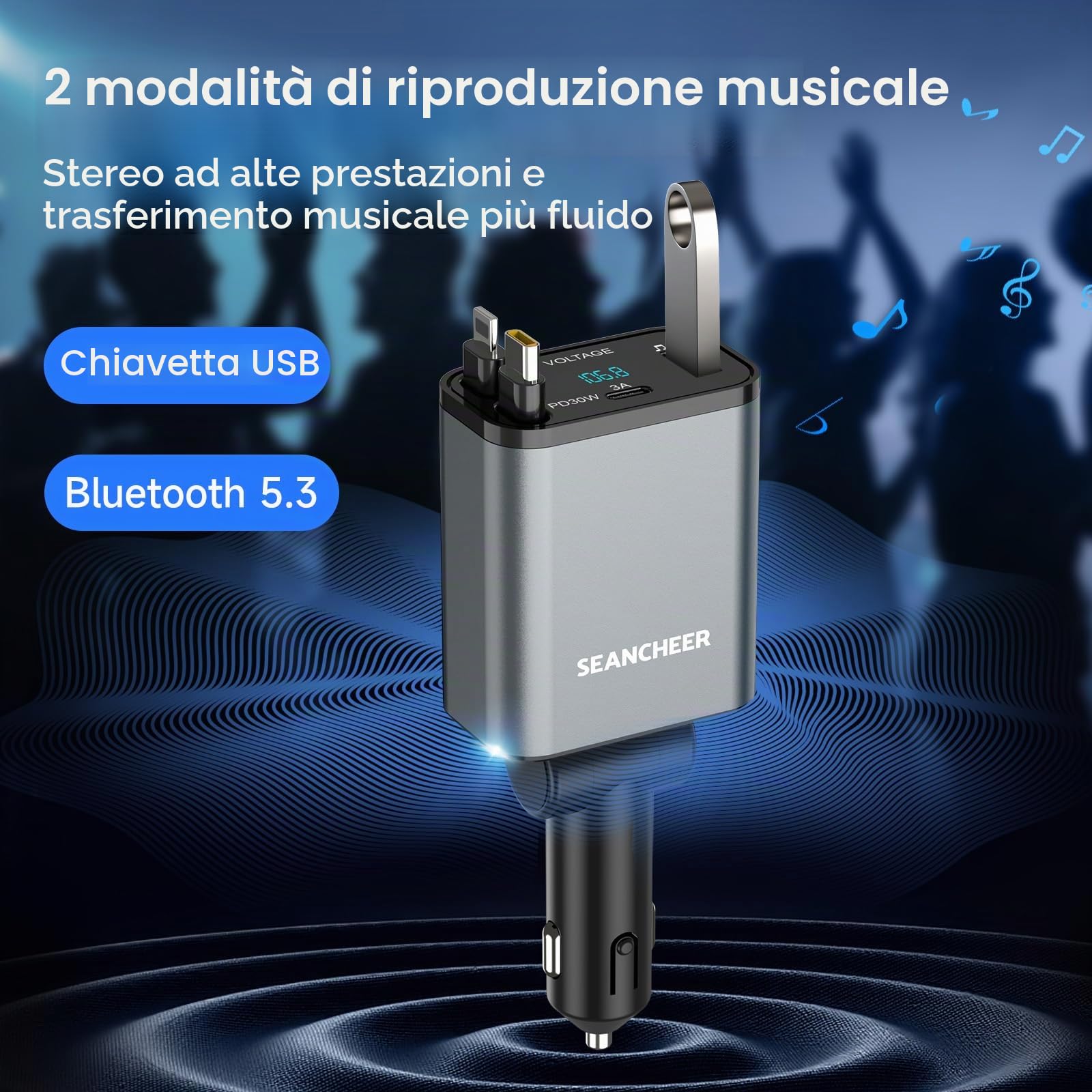SEANCHEER Adattatore Bluetooth Auto & Accendisigari USBC, 69W Caricatore Auto con 2 Cavi Retrattili, Trasmettitore FM Bluetooth 5.3 (USB-C+Lightning)