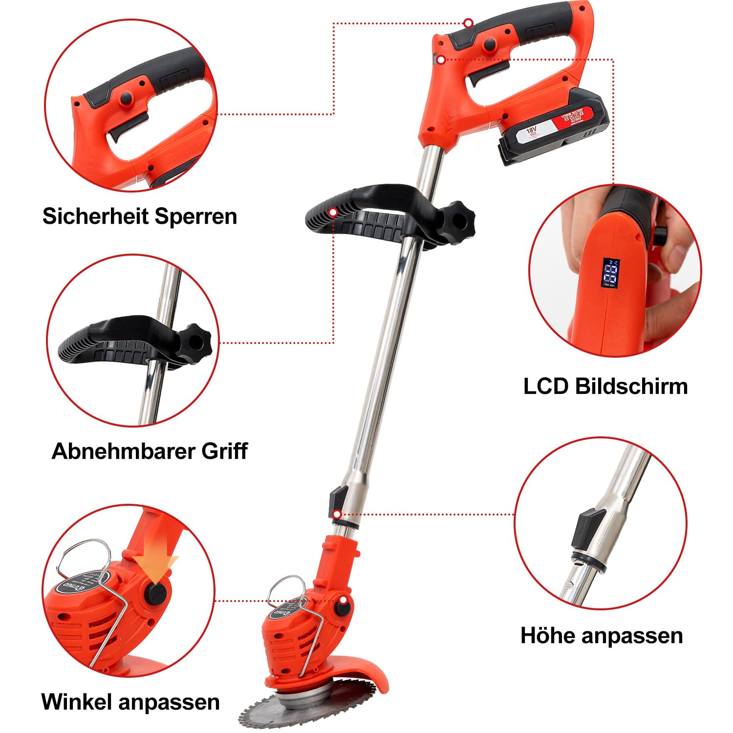 Akku Rasentrimmer mit Akku, Rasenkantenschneider mit 2 Akkus 21V und 4 Messertypen+1 Gartenschere, einstellbar in Höhe und Winkel, Rasentrimmer zum Mähen von Rasenflächen