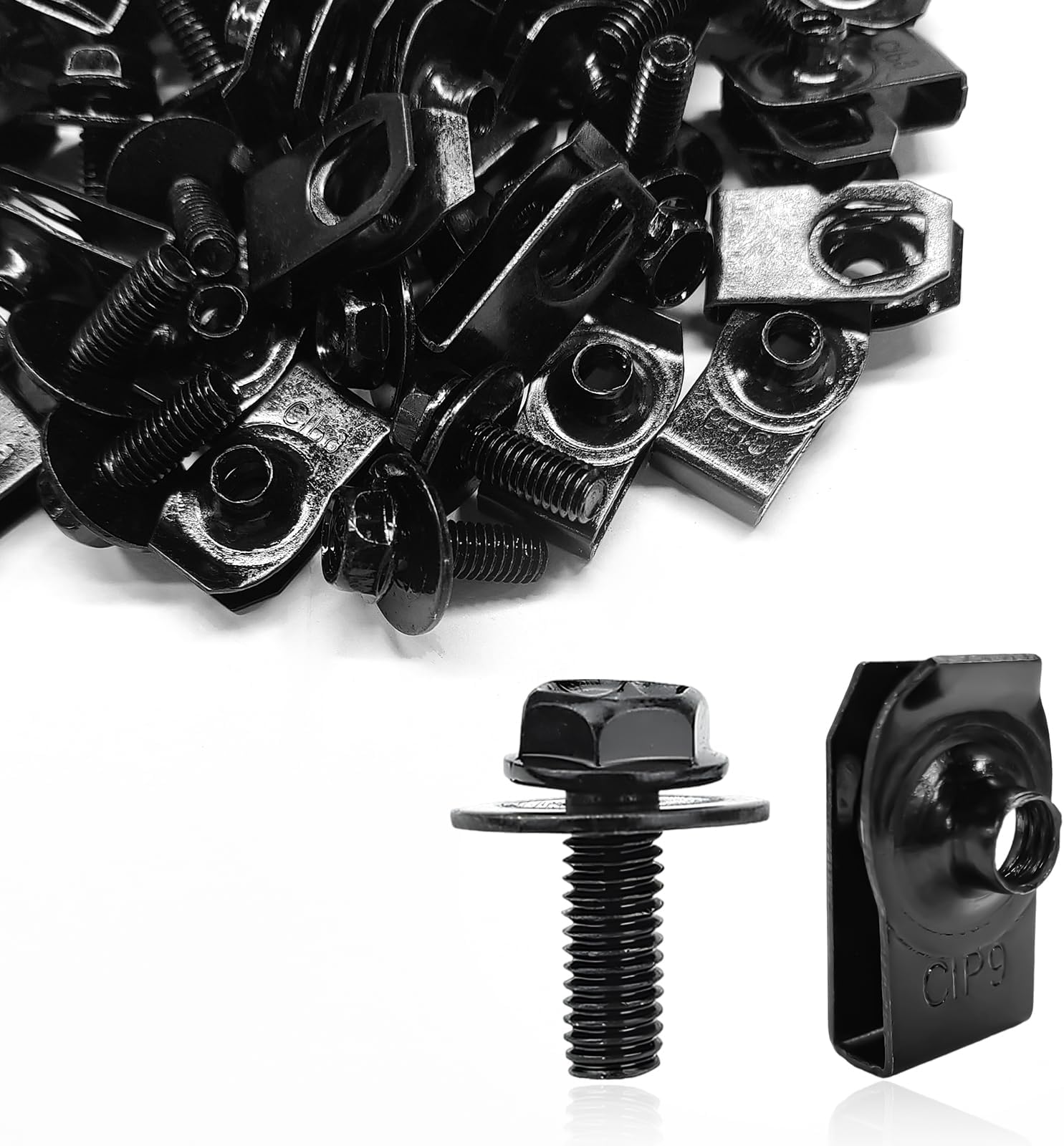 50 PCS M6-1.0 Body Bolts U-Nuts Kit, Engine Splash Shield Hex Head Screws & Extruded U Nuts, Universal Push Pull Metal Retainers Auto Body Bolts for Bumper Fender Liner