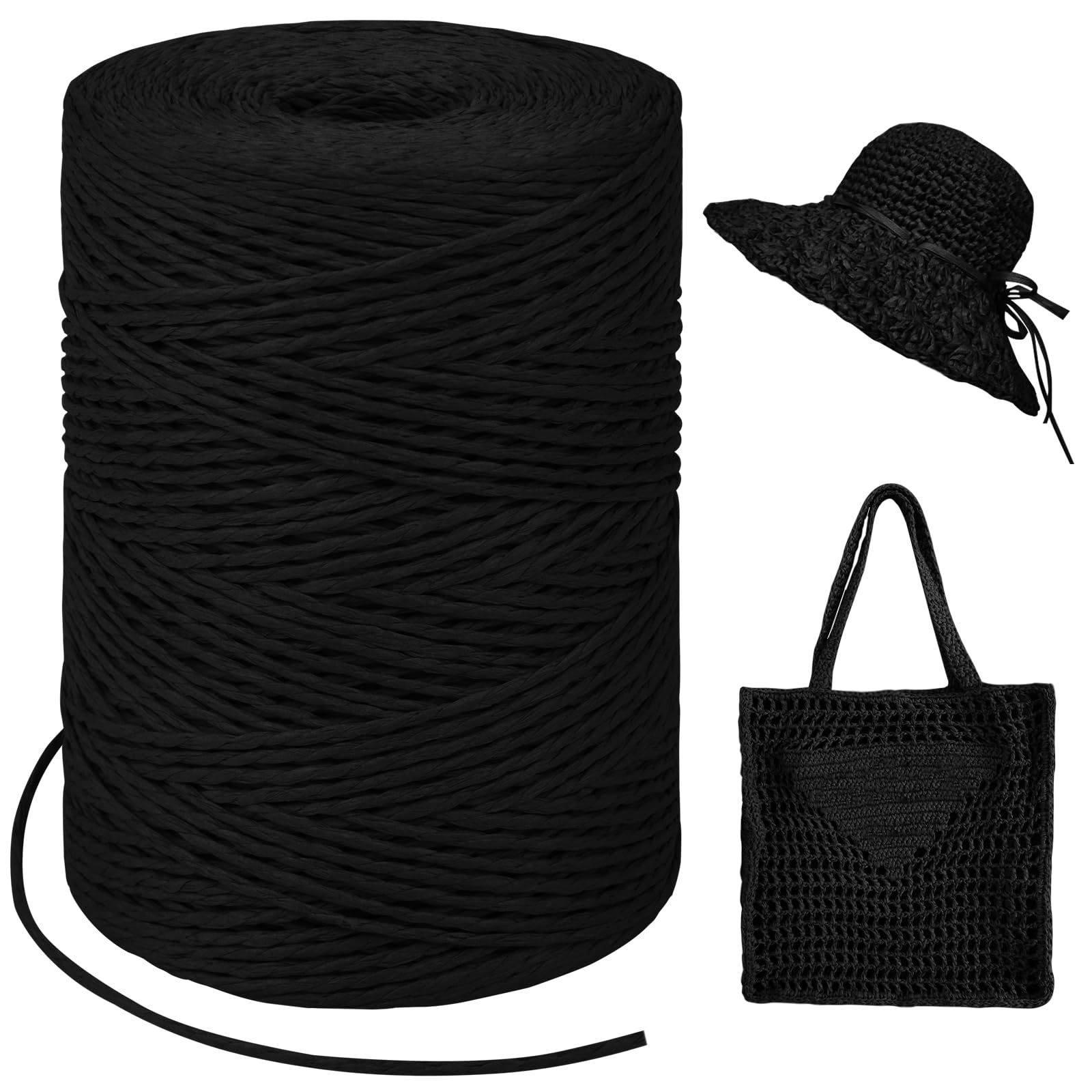 Black Raffia Yarn for Crochet Bags, 1.5mm x 328 Yards Round String Raffia Ribbon for Gift Wrapping, Raffia Paper Ribbon Yarn for Crocheting Sun Hat, Bag, DIY Crafts, Holiday Decoration
