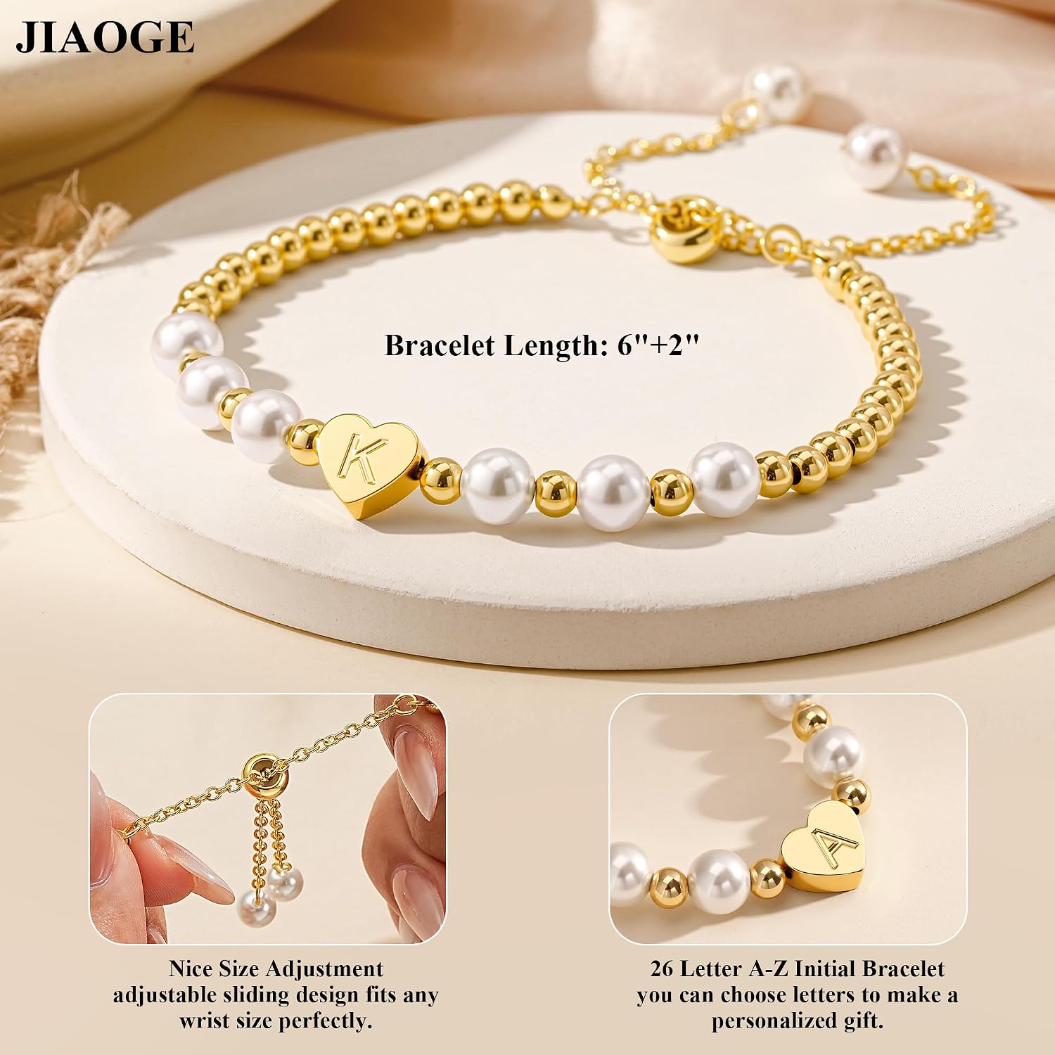 Gold Beaded Bracelets for Women - 14K Gold Plated Dainty Personalized Heart Initial Bracelet Adjustable Pearl Bracelets for Women Teen Girls Jewelry Birthday Bridesmaid Proposal Wedding Gifts