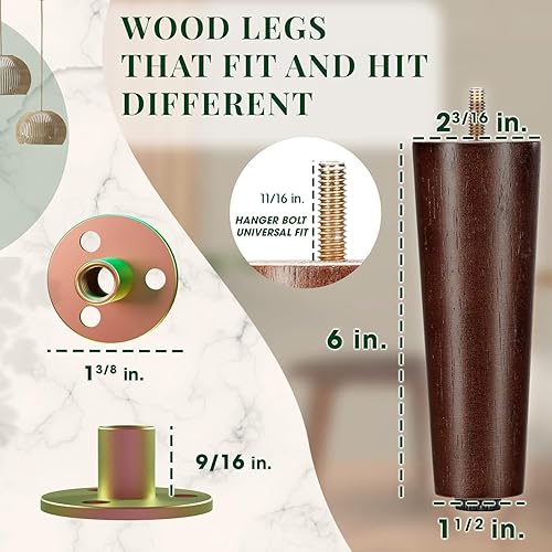 Miniatura 5 de Yes4All Juego de 4 patas redondas de madera de 6 pulgadas, patas de repuesto ajustables para sofá, cama, tocador y otomanas, patas cónicas con