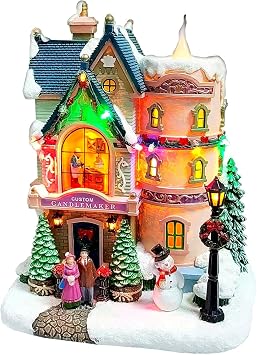 MOMENTS IN TIME Vintage Custom Candlemaker Christmas Village House with LED Lights and 8 Classic Carols Battery Operated Hand Painted Polyresin Holiday Decor Collectible 10.43H