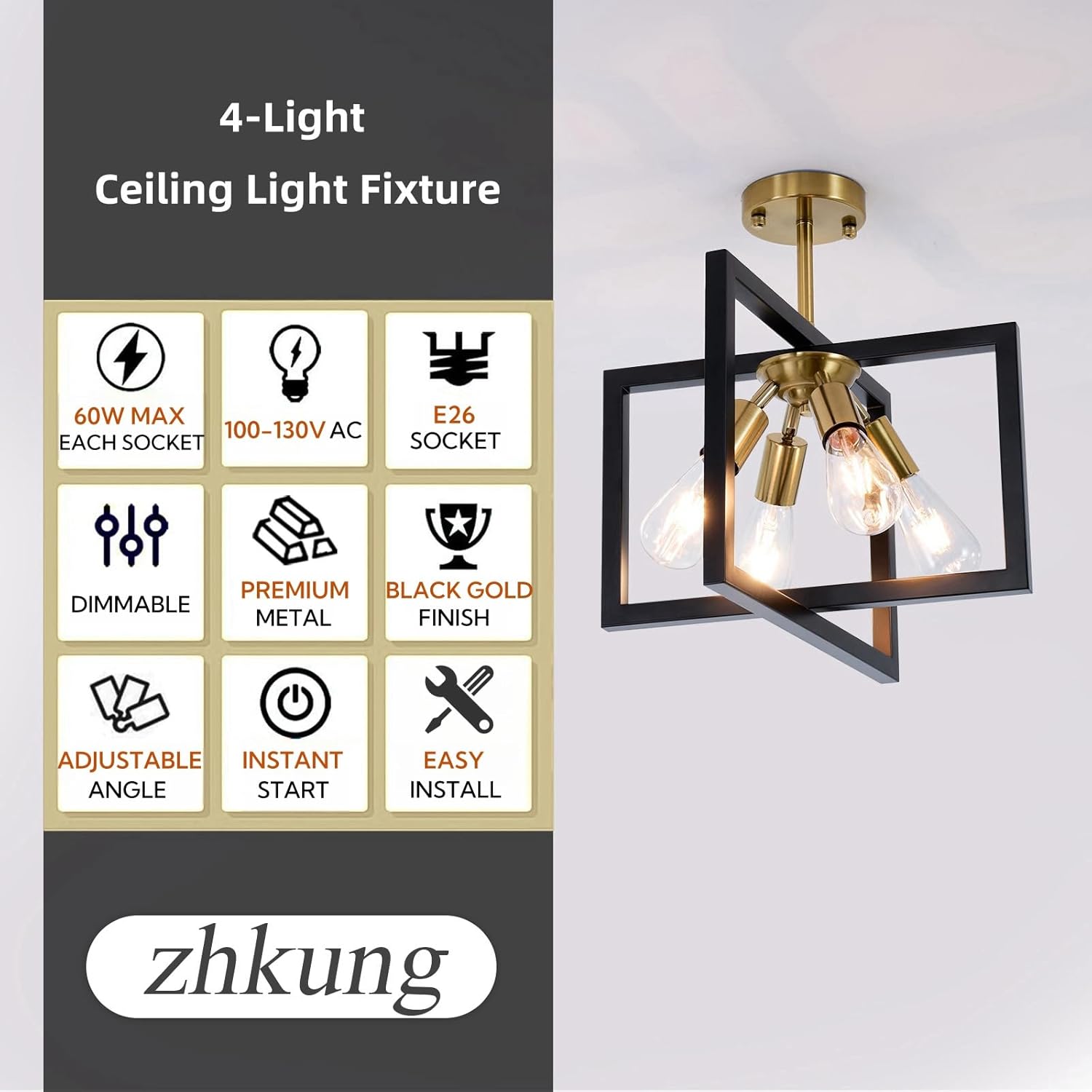 Farmhouse Industrial Ceiling Light Fixtures, 4-Light Vintage Modern Rectangle Black Gold Flush Mount Light Fixture with Rotatable Metal Square Frame for Kitchen Hallway Entryway Foyer Living Bedroom