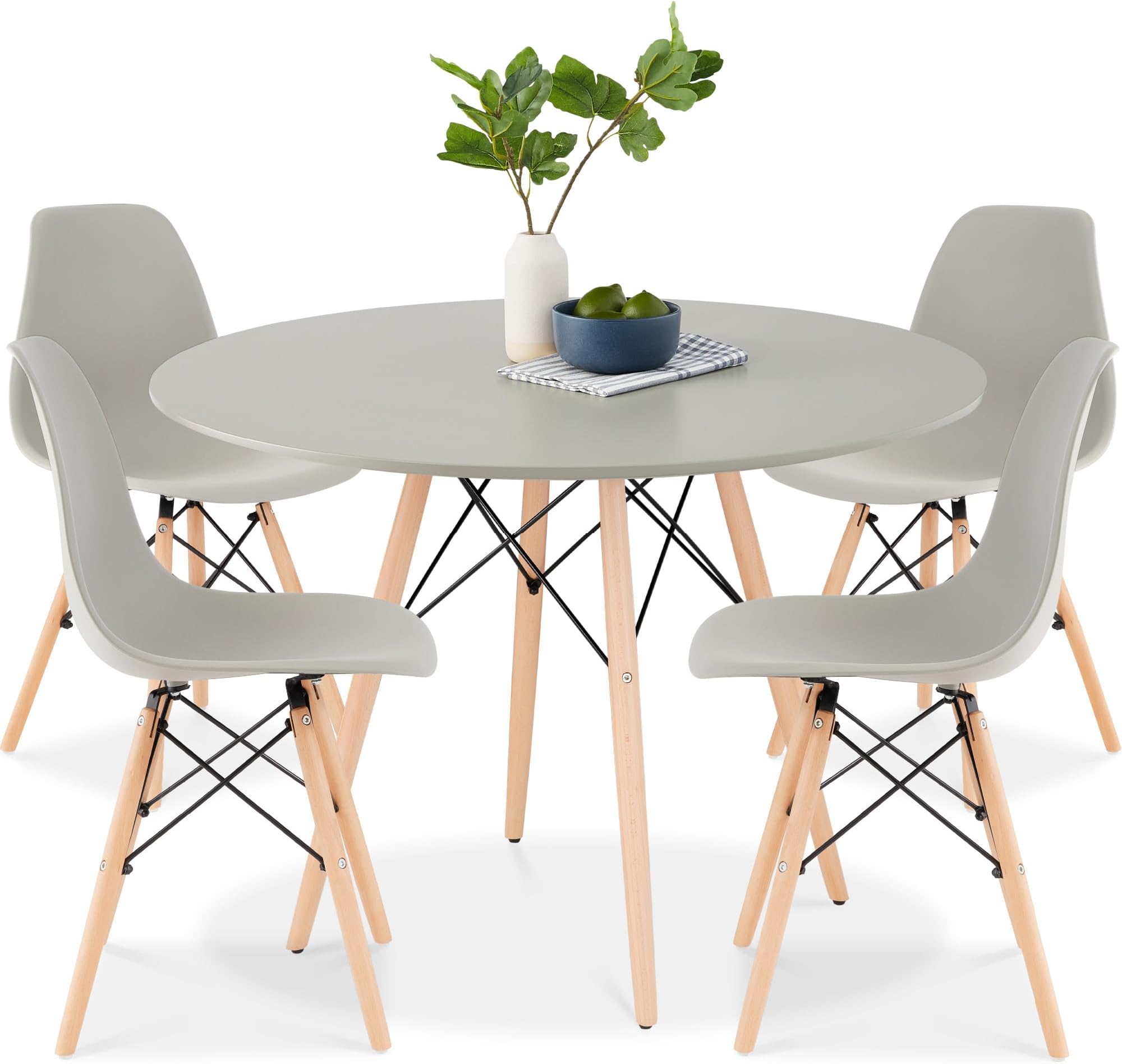 5-Piece Dining Set, Compact Mid-Century Modern Table & Chair Set for Home, Apartment w/ 4 Chairs, Plastic Seats, Wooden Legs, Metal Frame - Gray/Oak