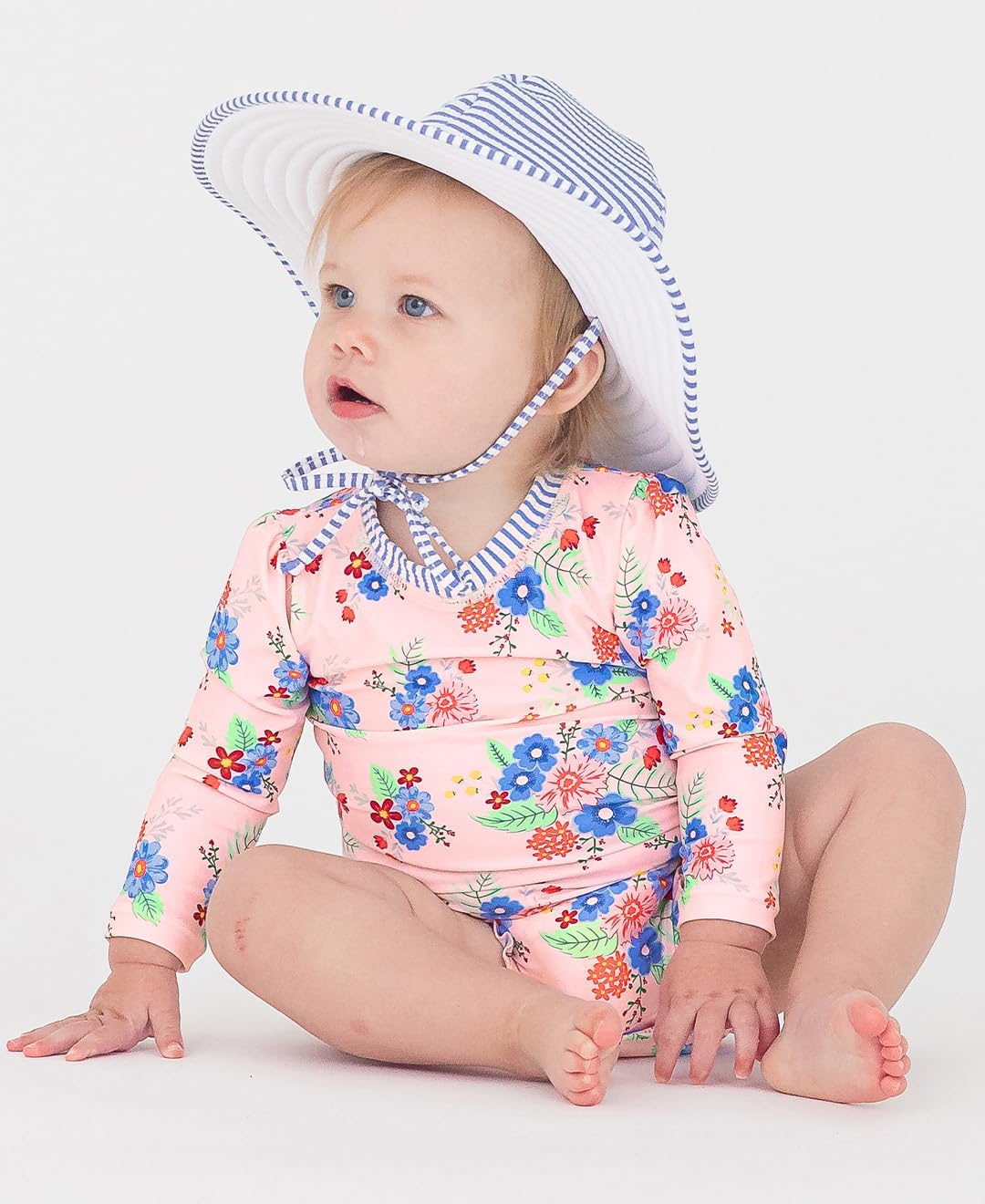 RuffleButts Baby Girls UPF 50+ Sun Protection Floral Printed Long Sleeve One Piece Rash Guard Swimsuit with Zipper - Image 3